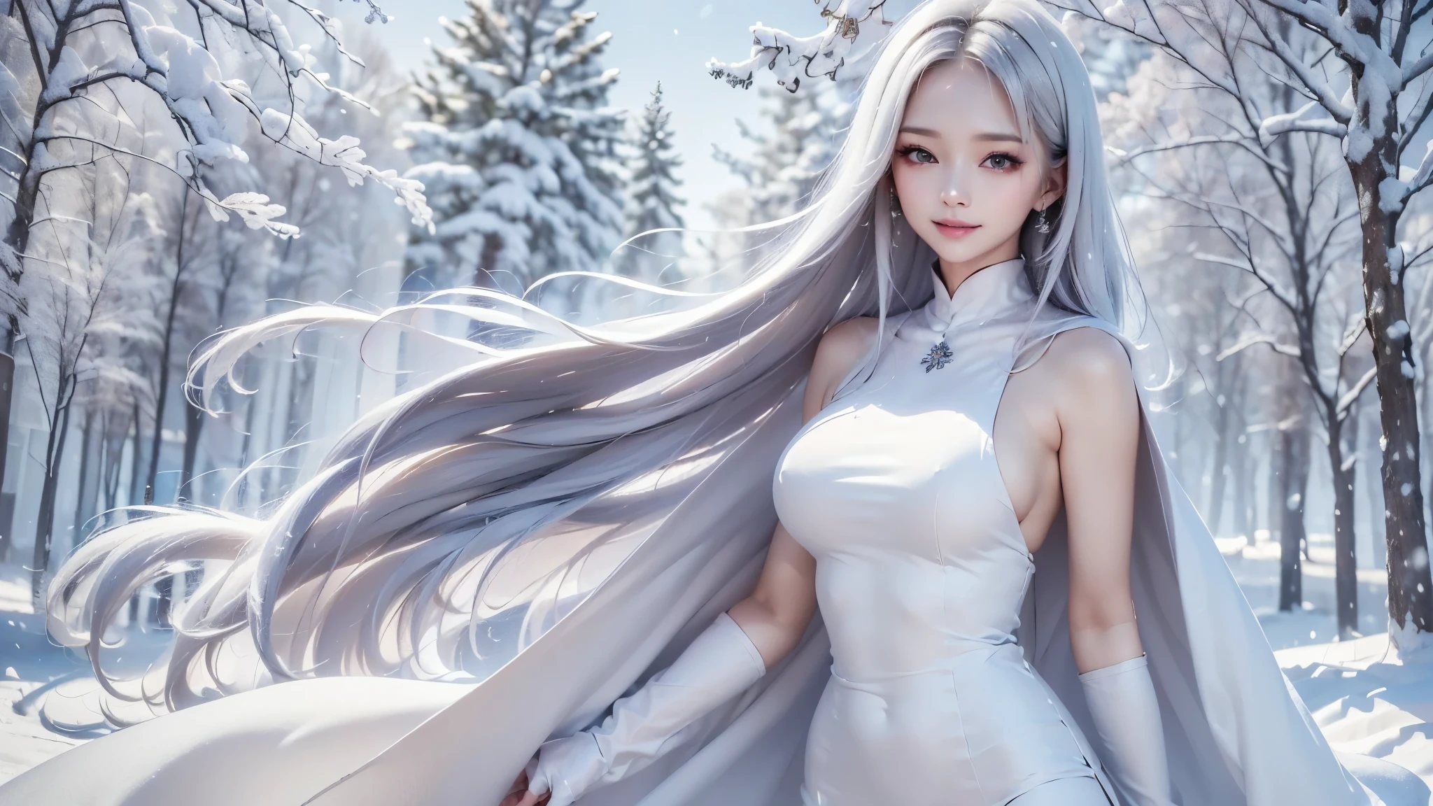 2.8D illustration, ((masterpiece:1.5、8k、Portraiture、フォトリアリスティックでVery detailedなCG、Very detailed、Particle Effects、Dynamic Effects、Shallow depth of field、Cinematic Light、Lens flare、Ray Tracing、Tabletop、Realistic:1.4、Ultra-high resolution:1.2、Realistic、Realistic))((alone、,A woman wearing a cashmere coat:1.4、Elegant woman posing、Detailed face:1.5、aqua eyes、Ample breasts、sideboob, Best Looks、Ultimate beauty、Shiny silver hair with highlights、bright and shiny hair,、Super long, Silky straight hair、Hair dancing in the wind))(morning、The setting is outdoors in the snow、Surrounded by illuminations). winter girl. face:sweet girl.
