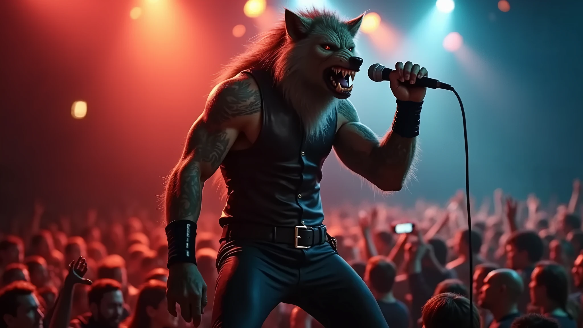 werewolf, on the stage, singing with live band,com efeitos de luz e fumaça on the stage.