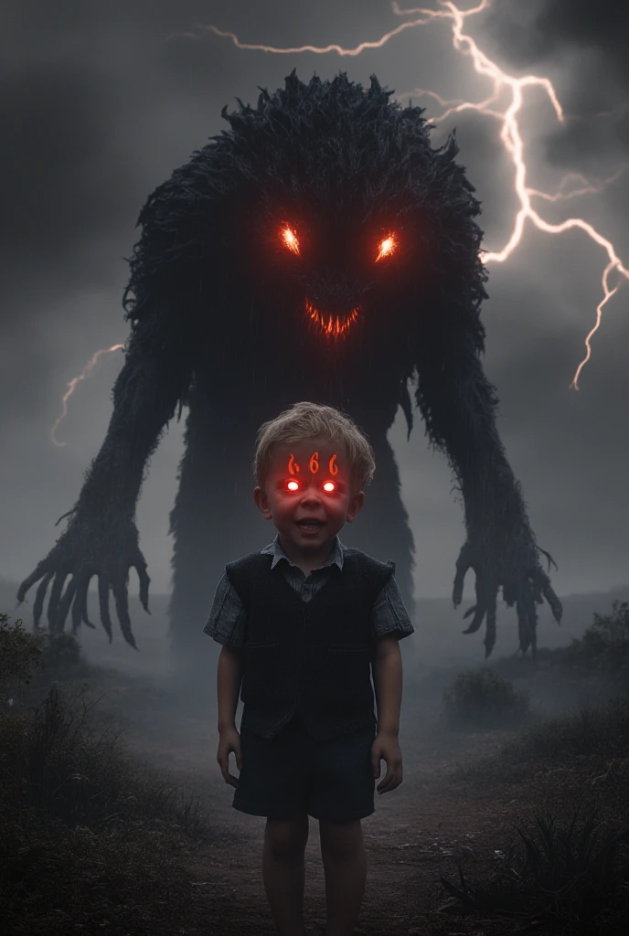 A hyper-realistic, ultra-detailed scene capturing a young boy in 1970s formal attire, consisting of a tailored short-sleeved jacket and neatly pressed shorts. The boy stands facing the viewer directly, his intense gaze locking onto the onlooker, evoking an overwhelming sense of dread. His wide, unblinking eyes glow an unnatural, ominous red, matching the sinister, crimson '666' that burns brightly on his forehead. A chilling, unsettling smile curves across his lips, hinting at a power far beyond his years. The boy’s hair is wild and standing on end, as if charged with an unearthly energy coursing through his small frame. His presence exudes an aura of terrifying, unstoppable power, and the viewer can feel the palpable, malevolent force radiating from him. Every detail of his appearance is captured with striking realism, from the fine stitching of his vintage clothing to the texture of his pale skin and the shadowed creases that deepen his menacing expression. Behind him looms the immense shadow of a demonic figure, massive and dark, with twisted horns and eyes that burn like embers. The shadow seems alive, its edges shifting and swirling as if formed from living darkness. The air is heavy with an impending sense of doom, punctuated by vivid flashes of lightning that illuminate the scene in sharp, white bursts. Thunder cracks and rumbles in the background, reverberating through the stormy sky, where ominous black clouds roil and churn in chaos. The environment reflects the apocalyptic tension, as the landscape behind the boy darkens with each lightning flash. The boy’s small, formal frame is juxtaposed with the cosmic-scale threat behind him, emphasizing the unnatural power he holds. The world feels on the brink of collapse, with every element in perfect focus, from the rain starting to fall in heavy droplets to the electric energy that seems to crackle in the air around him. This scene captures a moment of imminent destruction, where innocence has been corrupted.