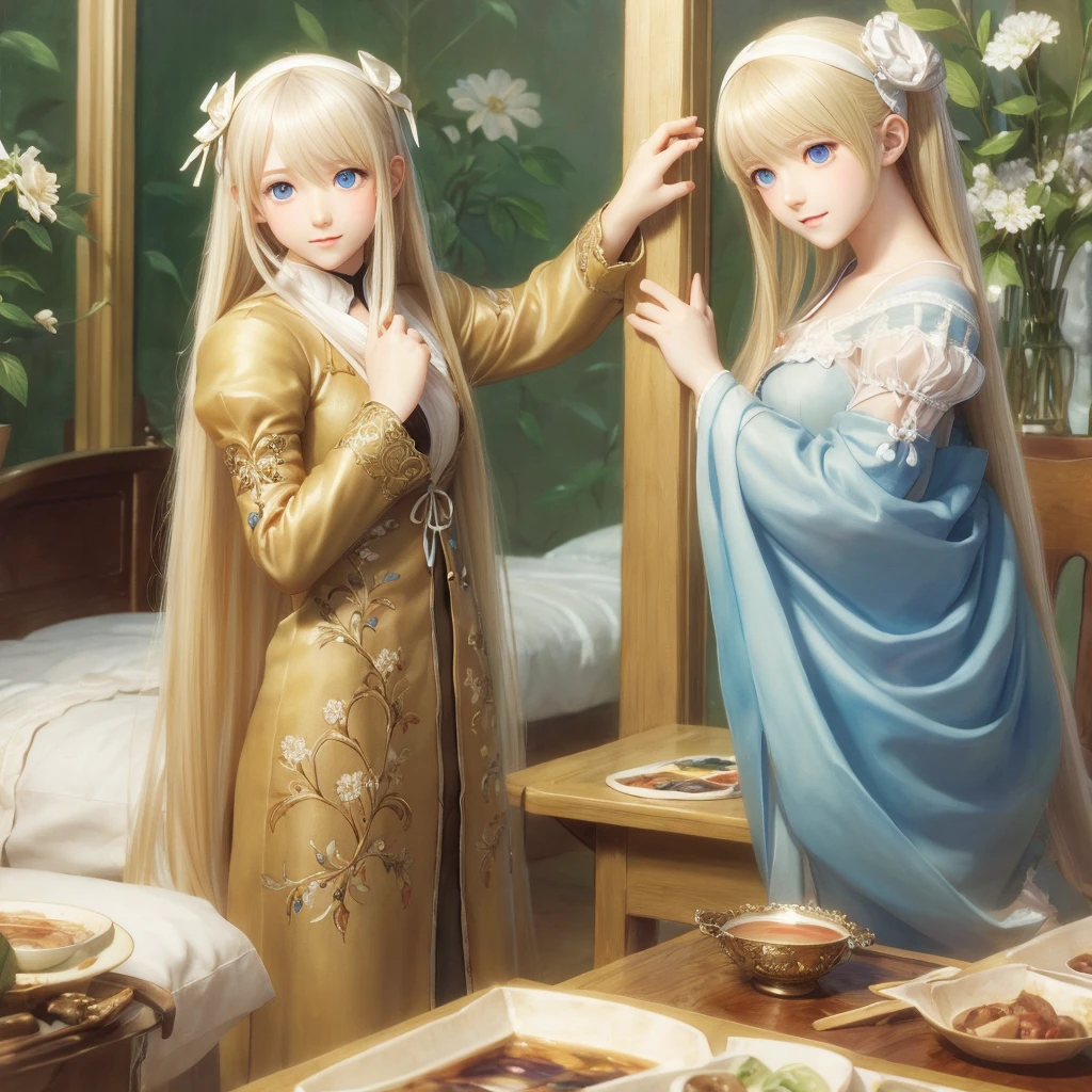 ((masterpiece)),((Beautifully detailed paintings )),T2 ART WORKS/TONY TAKA official art style , Shining Tears,Elvin , Long Golden Hair,Blue Eyes, embarrassed expression,front,bedroom,