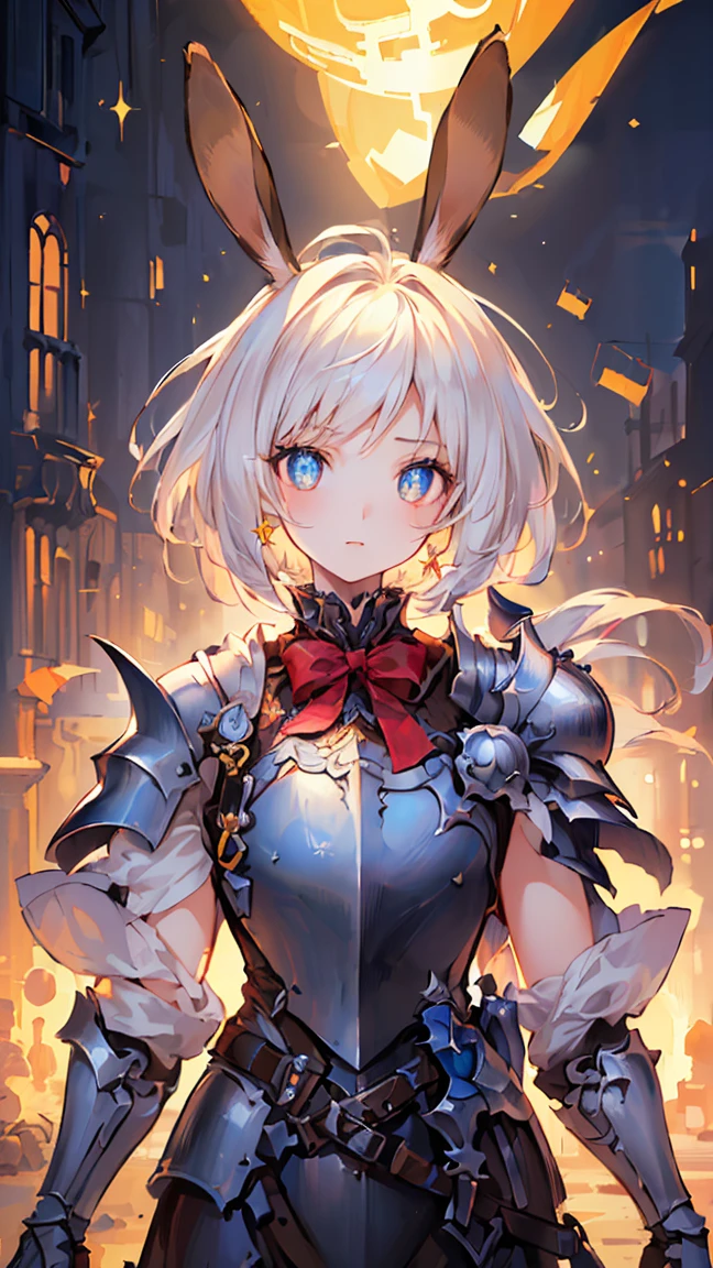 (((Best quality, 8k, Masterpiece: 1.3)), ((best quality)), ((masterpiece)), (detailed), perfect face, perfect body, (detailed skin:1.3), (intricate details), cinematic lighting, sparkle, glowing light, rabbit ears, hime cut, white hair, hair bow, ribbon, pupils sparkling, tareme, (knight wearing steel armor), cowboy shot