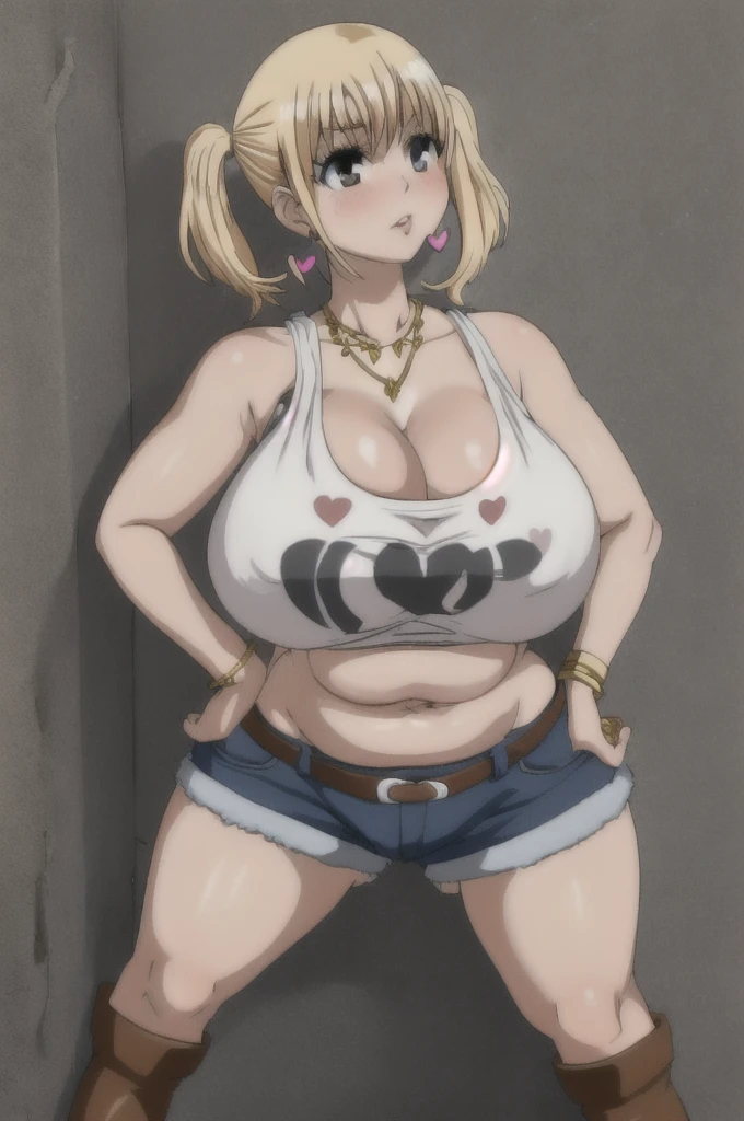 Lucy heartphilia,Fairy tail,Big breast,Plump,Curvy figure,Golden bracelet,Half open eyes,necklace,love shaped earring,Tank top with cleavage and open navel,Hot pants,Tight Cleavage,Enchanced breast,Prostitute,Street alley,Enchanced big Breast,Heels Boots,Dark guild,Blonde hair,Detailed face,heart with devil wing mark in right breast,eyeshadow,Night,Messy wavy blond hair,Solo,1girl,Black Tattoo,Twintail hairstyle,Hime cut bang hair,Side burn hair,Super twin tail,Puckered lips,Standing,body facing front,1hand on hip,Glossy eyes