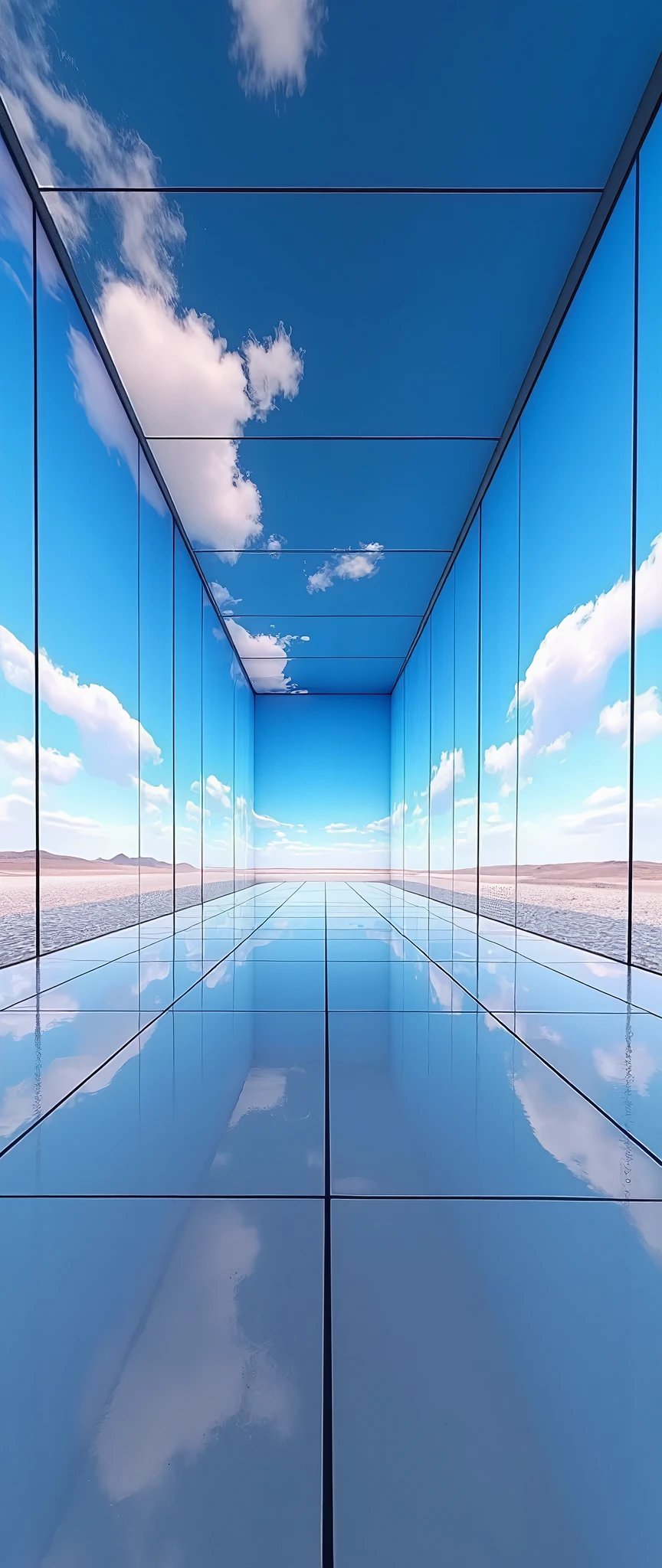 (masterpiece:1.2),(Best Quality),(Super detailed),(  Ultra High Definition),(  photorealistic),(  RAW photos from the last century),16k, wallpaper,  a room with walls composed of multiple LED screens,Uyuni salt lake is depicted on an LED screen,A room with a fully mirrored floor ,Simulate Uyuni salt lake in a room,Ceiling room composed of multiple LED screens , A clear sky is depicted on the LED screen on the ceiling,progressive,  Installation Art