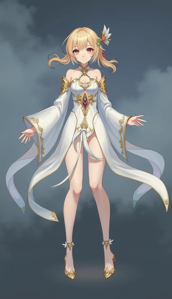 Beautiful RED-haired girl wearing an elaborate Egyptian queen costume, long bangs with eyes visible behind the bangs, sexy white Egyptian dress with colored striped fabric edges, beautiful slender thighs, full body view, long blonde hair, blue eyes, in the style of an Egyptian , white background, photorealistic, 8k, high quality, detailed, bright colors, dramatic lighting, wearing high gold shoes, cute face clearly visible, slim body, standing upright pose, both hands free pose, smiling, Egyptian queen dress Perfect match long soft white shawl and gold bracelet, long red hair perfectly straight, plain Egyptian queen dress without any accessories, wearing a gold crown like pointed gold cat ears.