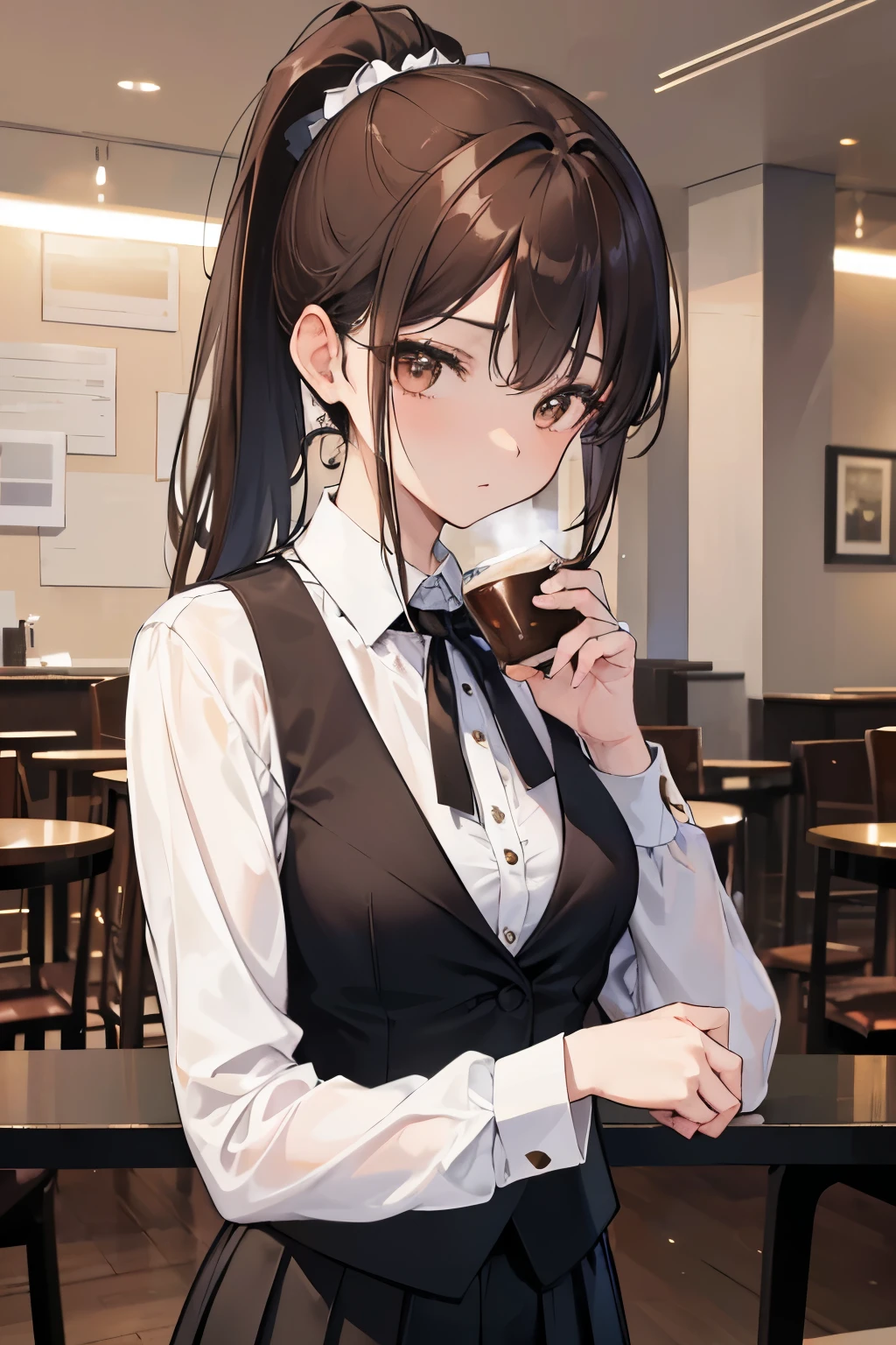 Anime girl in a restaurant drinking a cup of coffee - SeaArt AI
