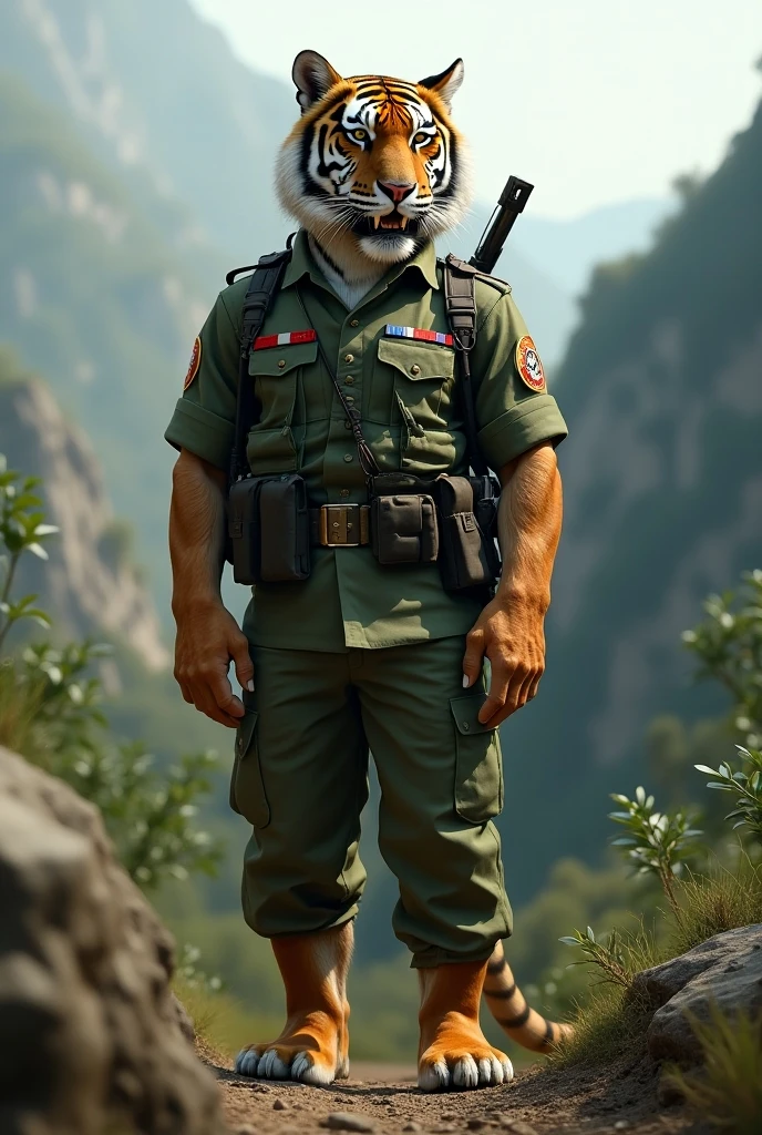 (1 muscular male panther anthro,white fur,military general uniform, military hat, well-built,big pecs,tail,looking at viewer,bara body type,highly detailed,photorealistic,8k,dramatic lighting,gritty military environment,military insignia,realistic textures)