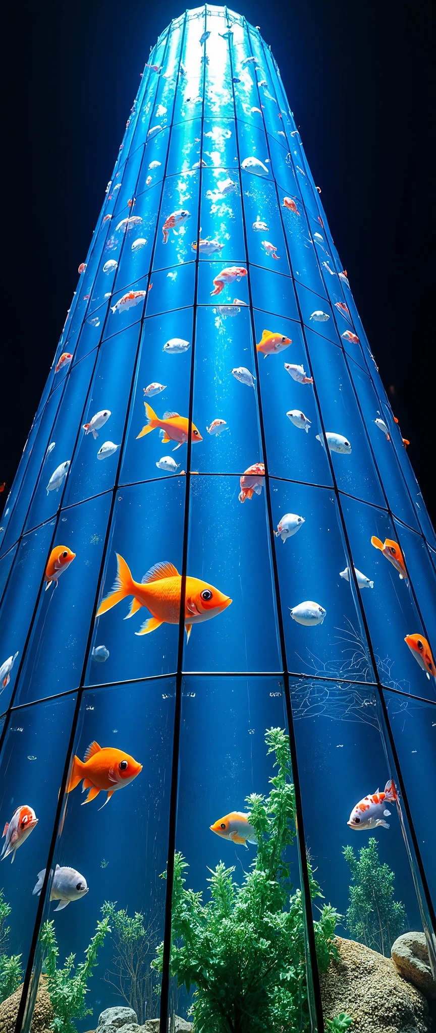 (masterpiece:1.2),(Best Quality),(Super detailed),(   Ultra High Definition),(   photorealistic),(    raw photo from last century ),16k,  wallpaper,  close-up of a skyscraper composed of multiple LED screens ,  close-up of a skyscraper composed of multiple LED screens、Aquarium fish are depicted on all LED screens  ,progressive,   Installation Art