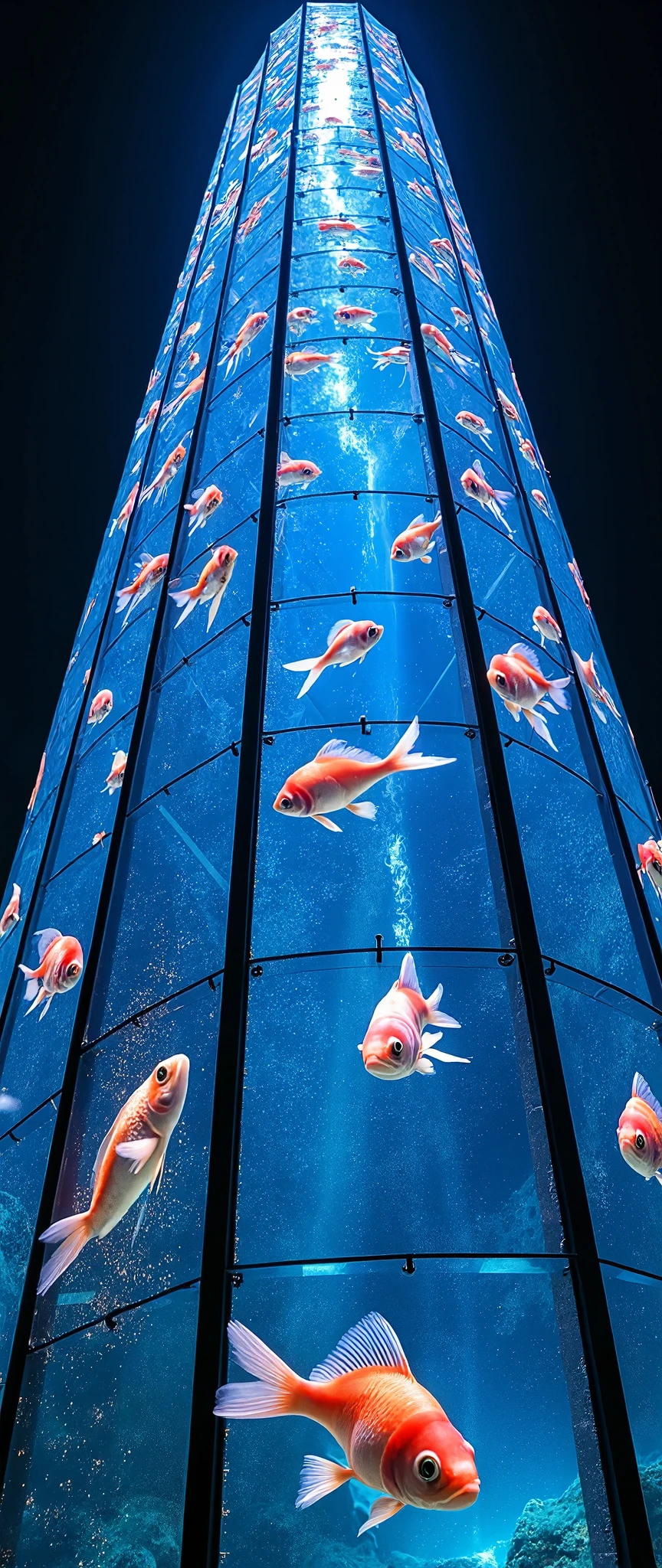 (masterpiece:1.2),(Best Quality),(Super detailed),(   Ultra High Definition),(   photorealistic),(    raw photo from last century ),16k,  wallpaper,  close-up of a skyscraper composed of multiple LED screens ,  close-up of a skyscraper composed of multiple LED screens、Aquarium fish are depicted on all LED screens  ,progressive,   Installation Art