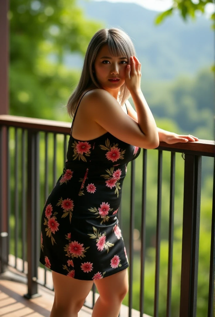 A 60-year-old, plus-size chubby Thai mom with long,  pixie grey hair wears a bust revealing low cut bust revealing spaghetti strap black floral thigh-high deep cut skater mini bust enhanced doll WITH STRAPPY RED HIGH HEELS. She stands on a balcony overlooking lush green scenery, with natural light highlighting her dignified pose and relaxed smile. Hands raised and rested on her head, body side on, side on angle, looking towards camera over the shoulder. She is wearing an elegant make up