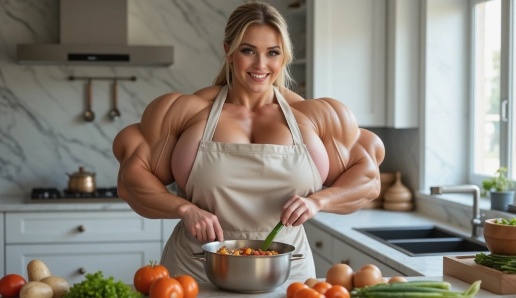 (masterpiece, realistic, detailed:1.2), young scandanavian girl, cooking, (hypermuscle:1.7), nude, apron, (open smile), small waist, gigantic ass, (realistic face:1.2), (huge lips), kitchen, eggs