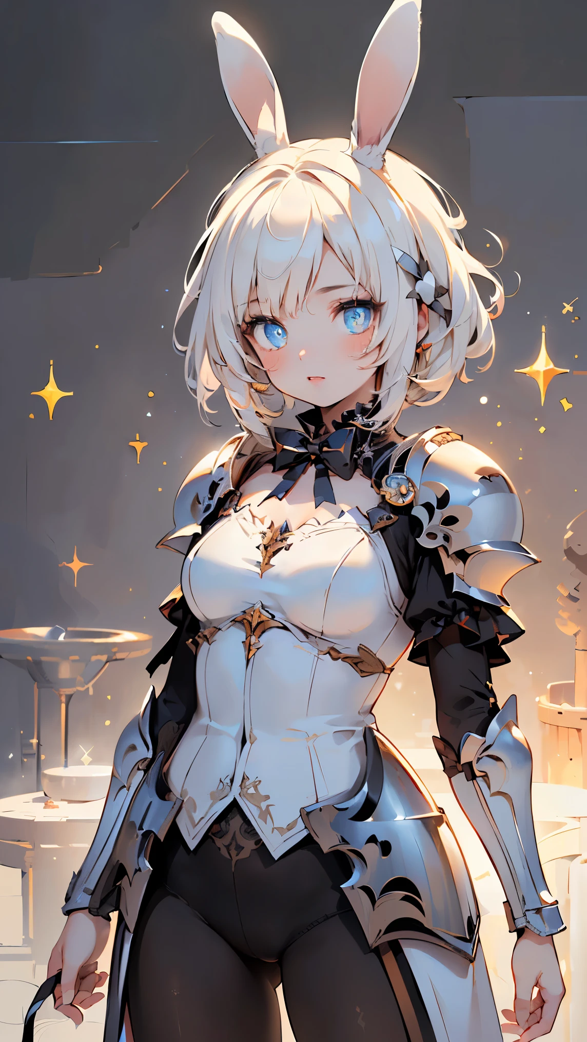 (((Best quality, 8k, Masterpiece: 1.3)), ((best quality)), ((masterpiece)), (detailed), perfect face, perfect body, (detailed skin:1.3), (intricate details), cinematic lighting, sparkle, glowing light, rabbit ears, hime cut, white hair, hair bow, ribbon, pupils sparkling, tareme, (knight wearing steel armor), cowboy shot