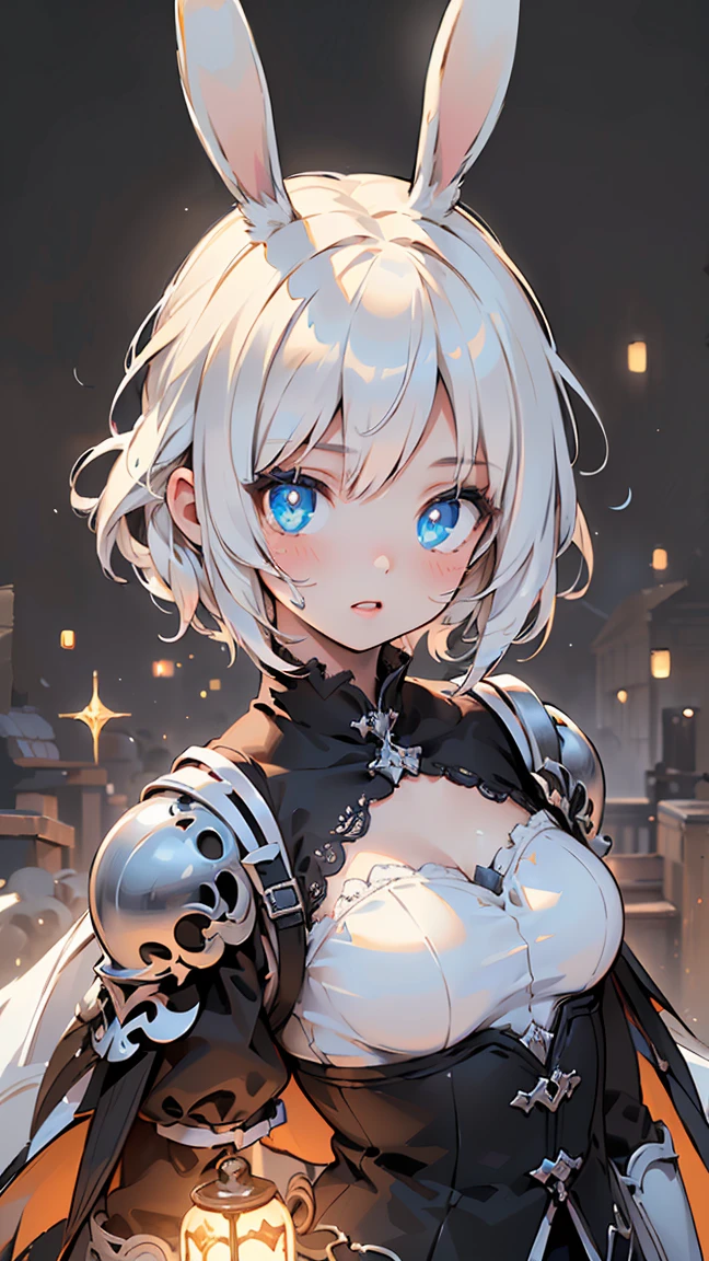 (((Best quality, 8k, Masterpiece: 1.3)), ((best quality)), ((masterpiece)), (detailed), perfect face, perfect body, (detailed skin:1.3), (intricate details), cinematic lighting, sparkle, glowing light, rabbit ears, hime cut, white hair, hair bow, ribbon, pupils sparkling, tareme, (knight wearing steel armor), cowboy shot