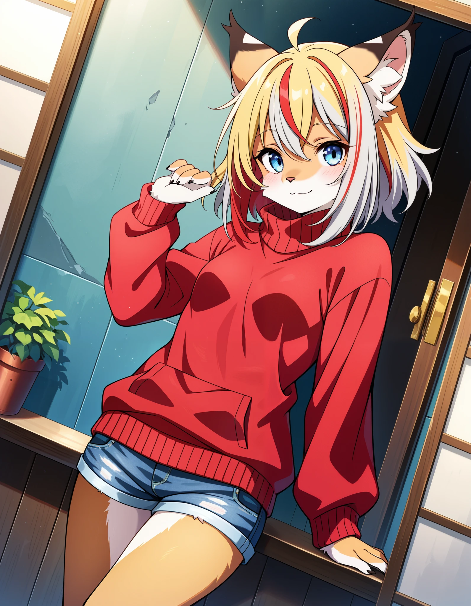 score_9,score_8_up,score_7_up,source_anime, 1girl, solo, digital_media_(artwork) hi_res,, beautiful, anthro, furry, female, furry female, detailed textured fur, fur tufts, lynx, slim, slender, small breasts, cute, sweater, denim jeans, multicolor hair, streaked hair, red blue blonde silver hair, blonde fur, beautiful blue eyes, smile, solo, 