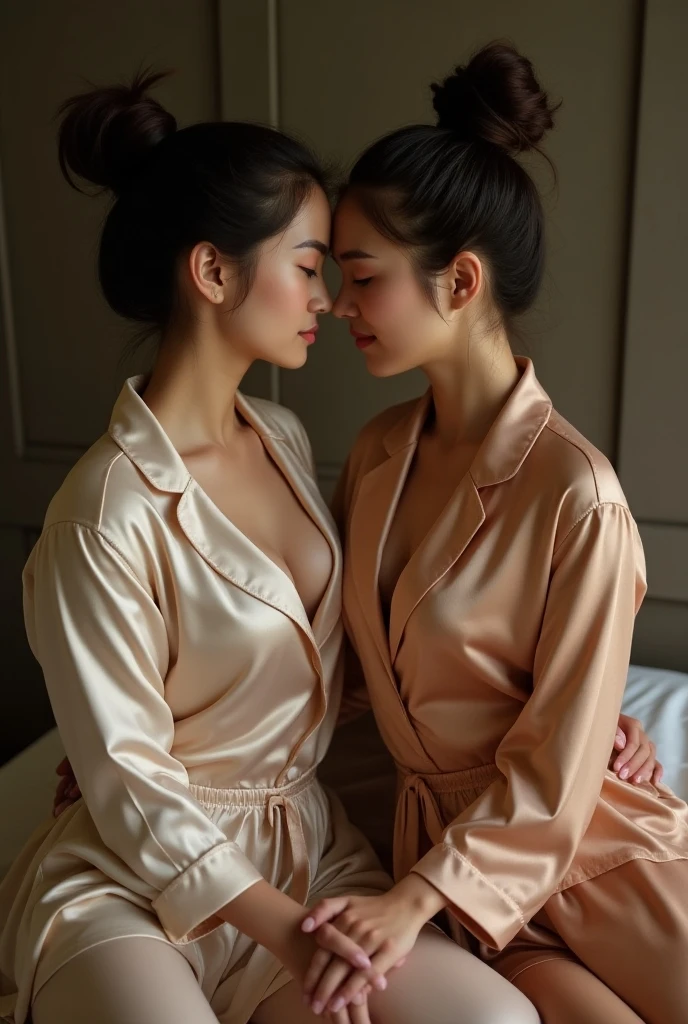 (BALI GIRLS),Two girls dressed in silk pajamas (BOTH GIRLS HAVE LARGE AND ), (HAIR IN BUN ON TOP OF HEAD).