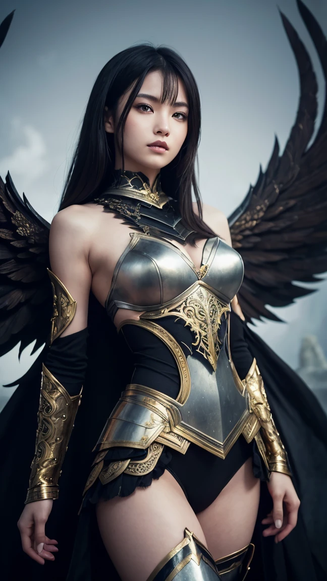 a woman in a black outfit with wings standing on a rock, angel knight gothic girl, villainess has black angel wings, as a mystical valkyrie, angel knight girl, artgerm ; 3d unreal engine, wearing fantasy armor, raven winged female vampire, angel in plastic armor, unreal engine fantasy art, mystical valkyrie, beautiful cyborg angel girl, stunning armor