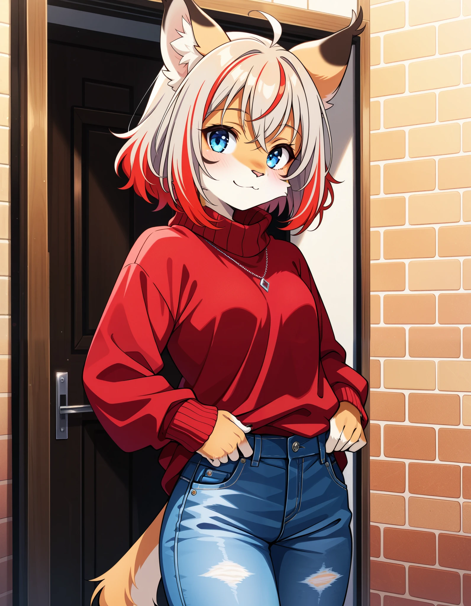 score_9,score_8_up,score_7_up,source_anime, 1girl, solo, digital_media_(artwork) hi_res,, beautiful, anthro, furry, female, furry female, detailed textured fur, fur tufts, lynx, slim, slender, small breasts, cute, sweater, denim jeans, multicolor hair, streaked hair, red blue blonde silver hair, blonde fur, beautiful blue eyes, smile, solo, 