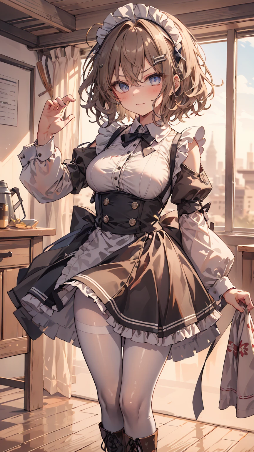 masterpiece, 1 girl, sparrow, a brown haired girl, wearing a maid clothes, curly short hair, messy hair, slim body, he close her left eye, shirt ornament, ruby eyes, ahoge, baby face, beautiful eyes, boots, droopy eyes, her age is 19, short hair, curly hair, MongolPunkAI, view from right down, lend a hand to you, he very close to you, smug smile, rainbow_one, black tunic shirt, maid skirt, maid headband, maid, high quality, 8k, student, big breasts, beautiful breasts, white pantyhose, long sleeves, shsparkle, angry face, trinity school uniform