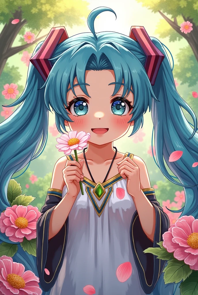 (masterpiece、Best Quality、Best Quality、 OFFICIAL ART、 beautiful and beautiful :1.2)、( one girl playing pranks:1.3) Hatsune Miku、 twin tails,Beautiful ,(Best Quality),(masterpiece:1.2), ( colorful :0.9), (Ink splatter),(Color splashes),((watercolor)), Clear Sharp Focus , Model shoot,, (Portrait of the Goddess of Spring:1.5), cute expression ,Elegant blue hair, beautifully detailed face and eyes , Elegant goddess costume , Spring forest background ,, colorwater