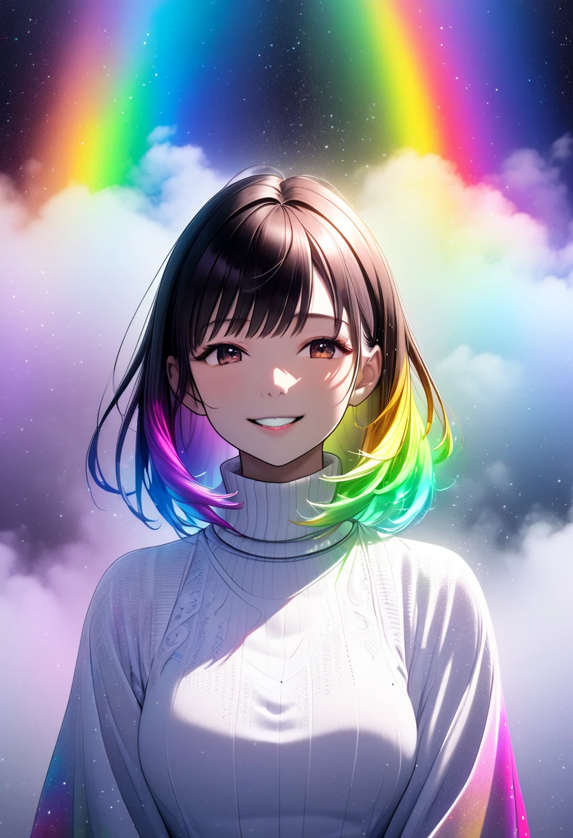  dark-haired woman"Haruna"The gentle smile , , white turtleneck  ,  upper body focus ,  bust up shot, ((background:Mysterious fog  , Rainbow, Neon Dust, Shading Effects,  gradient magic effect , Fog filter effect , Glitter Effect, Graphic CG digital art))