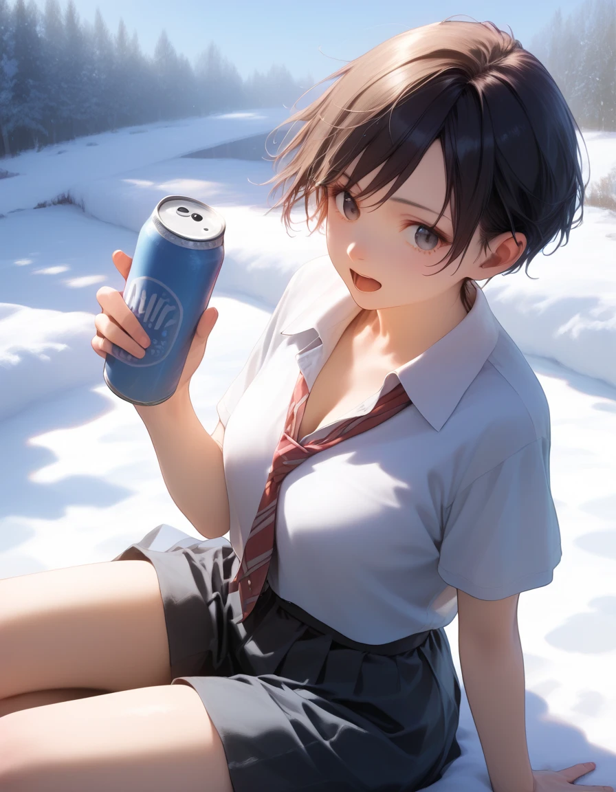 One Girl、Drink water in plastic bottles、Tank top、Shorts、blue sky、Angle from below、Put a towel around your neck、Wipe sweat with a towel、((Sweating profusely))、Watching the audience、Midsummer、sun、