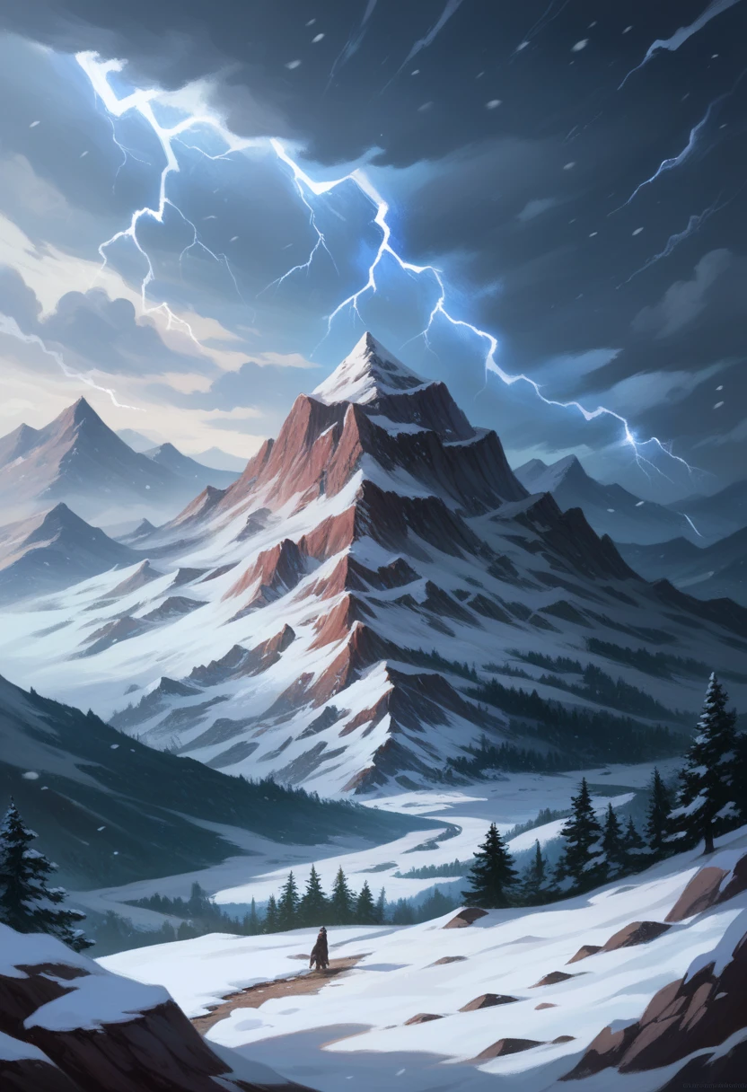 An old simple tower, on the top of a mountain, snow around it, snowing, lightning falling from the sky, realistic