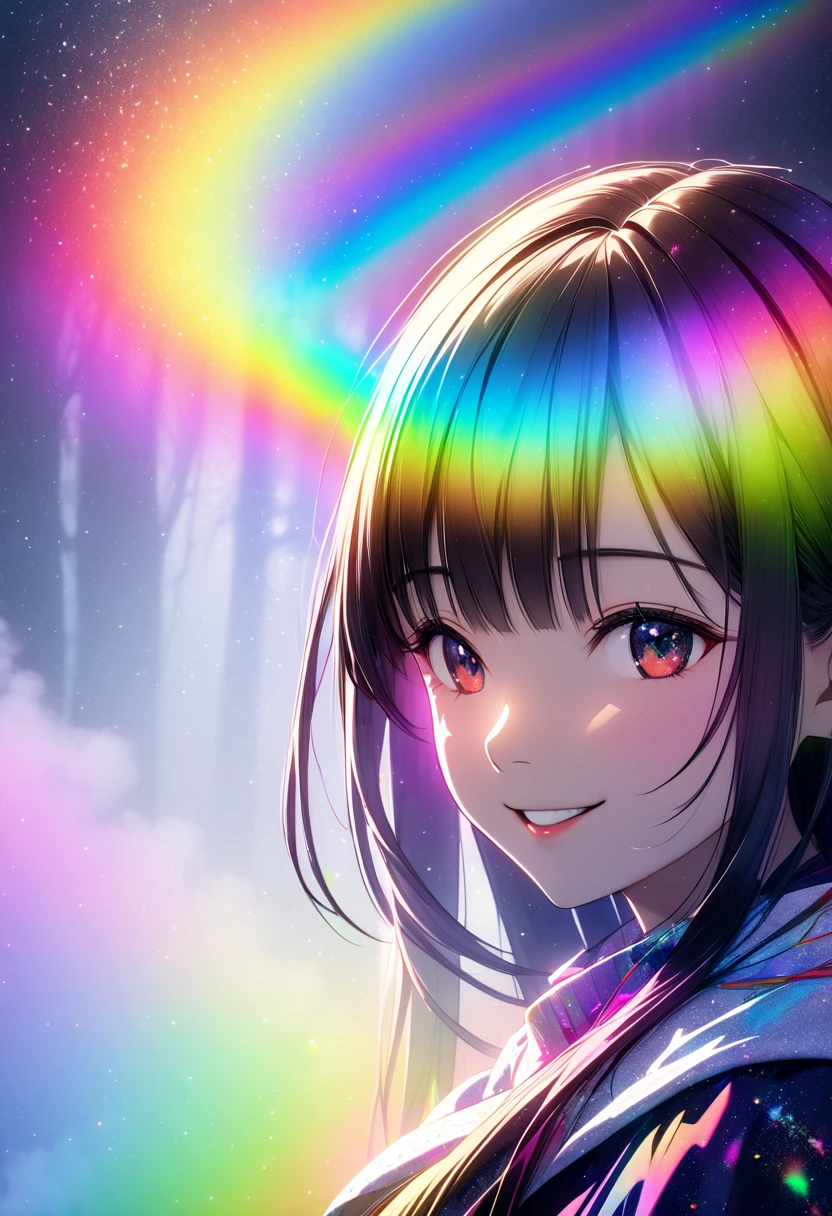  dark-haired woman"Haruna"The gentle smile , , super long straight hair  ,  upper body focus ,  bust up shot, ((background:Mysterious fog  , Rainbow, Neon Dust, Shading Effects,  gradient magic effect , Fog filter effect , Glitter Effect, Graphic CG digital art))