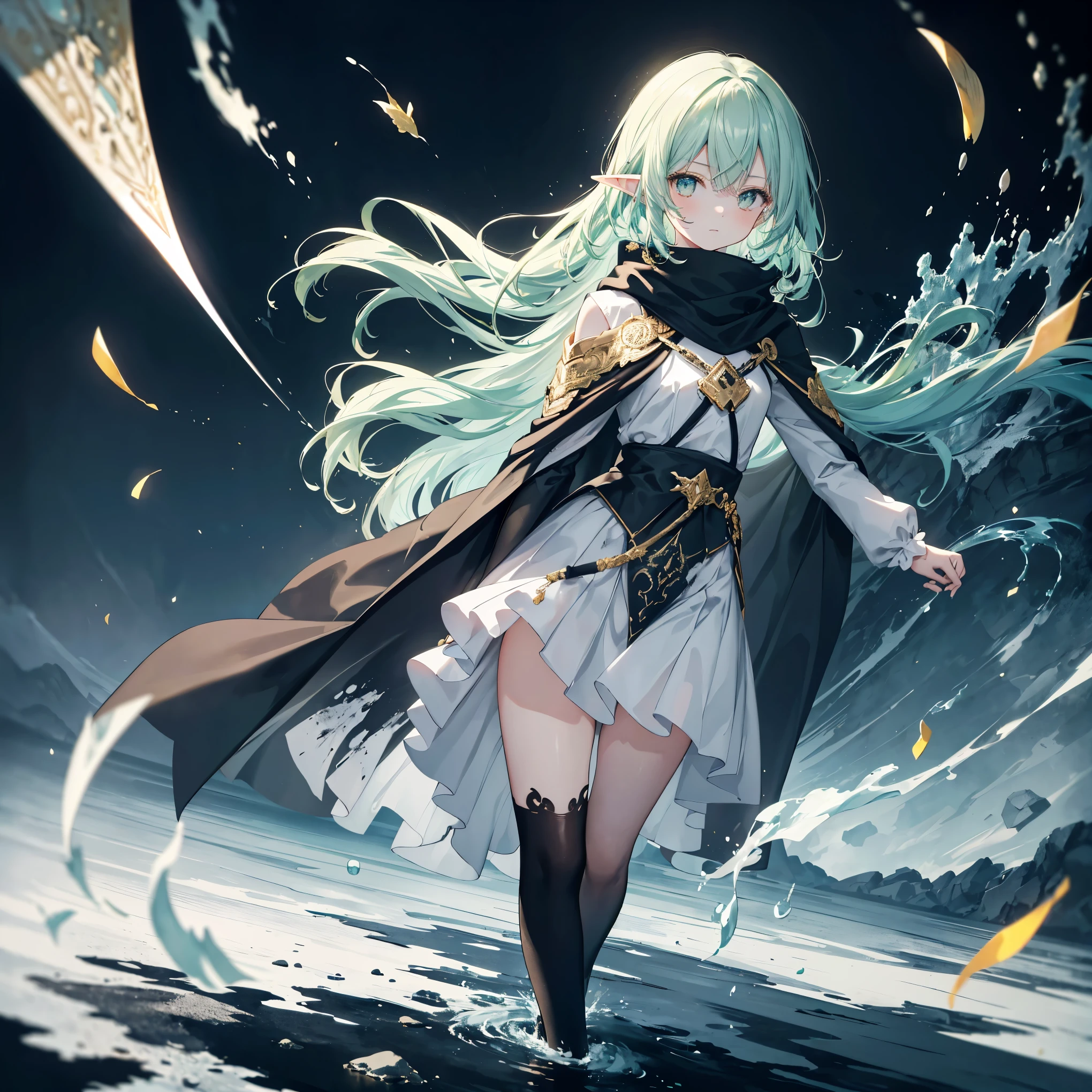      high quality, masterpiece,  Delicate hair  ,   DELICATE EYES FULL OF DECISION ,  Delicate hair  , ((masterpiece, 最     high quality)),      high quality, masterpiece,  Delicate hair  ,   girl  ,( Light green hair)),((gold eyes)), Daikon,Long Hair,Elf Ears,(  Black Longsword   ),(loose Long Hair),((Black Cape)),(Cape Hood,  black miniskirt),(Red Stove    ),scarf,Moon in the Sky, knight ,   floating yellow flower autumn ,      Strong Shadows     ,Ash,,ice,((Ink wAsh painting)),((ink splAshing)),((color splAshing)),