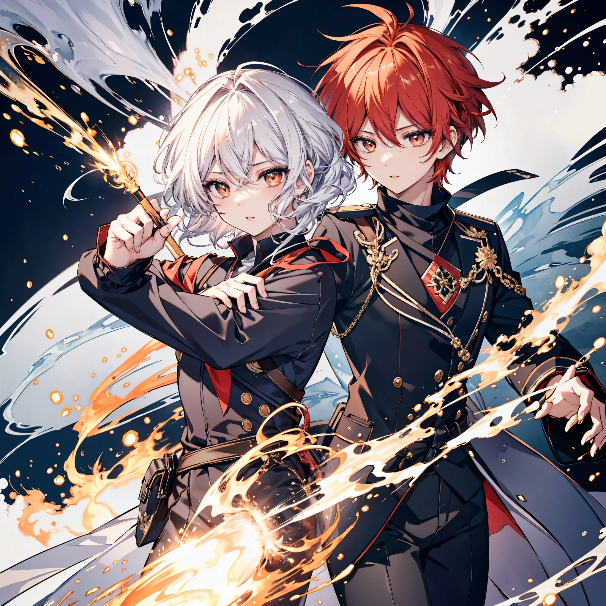 high quality, masterpiece, Delicate hair, DELICATE EYES FULL OF DECISION, High image quality, male, ハンサムなmale, 鋭い Golden Eyes, neutral face , Bright Red Hair , Golden Eyes, Mysterious appearance , Muscular, Wears a disheveled black shirt , black skinny pants , sword, Master Swordsman, Cloudy sky background , Detailed anime-style illustrations, Intense expression, Hidden aura of power, Flames and sparks, very detailed, strong shadow , Ash, ice, ink wash painting, ink splashing, color splashing