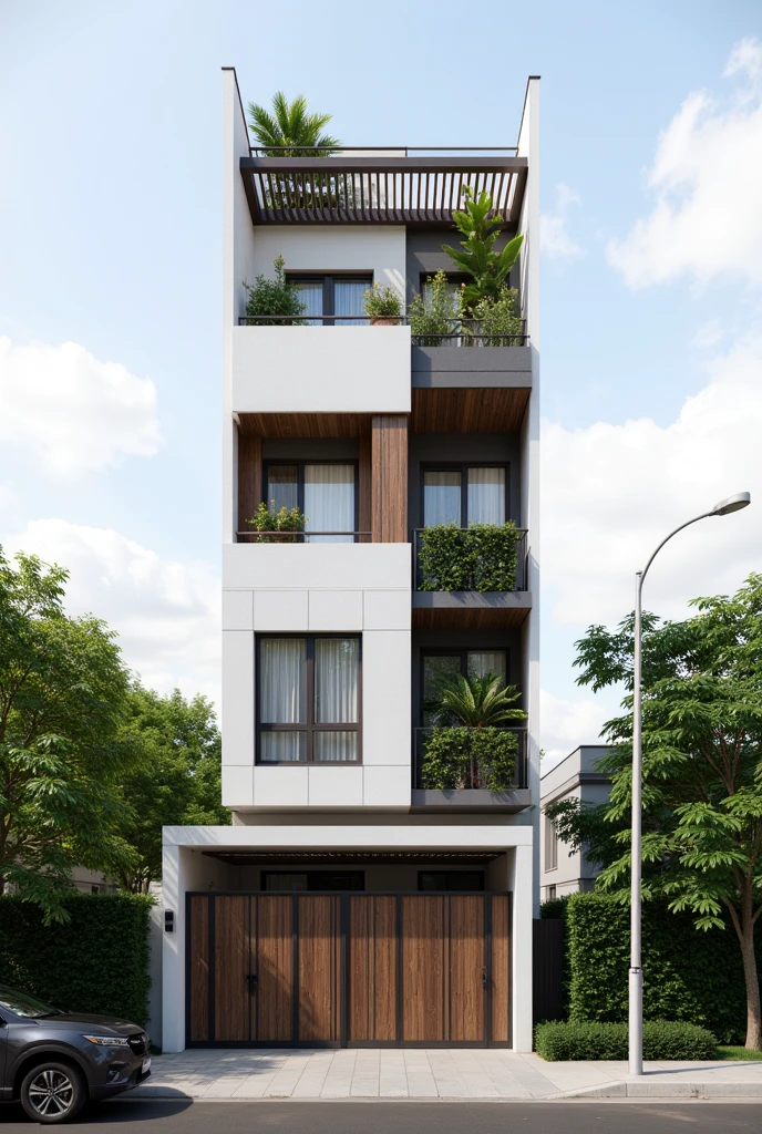 KTS PC, This image depicts a narrow, town-story modern house, (Led spot light turn on), Block design divided into 2 highlights: main and secondary, The design emphasizes vertical space and incorporates greenery and natural elements. Facade design many idea for town house in viet nam, Structure and Design: The building is tall and slender, typical of urban townhouses where land space is limited. The facade combines white and gray surfaces, likely concrete or a similar material, giving it a clean, contemporary look. Balconies and planters break up the facade and add visual interest. Window and door xingfa glass design
Greenery: Plants and greenery are integrated into the design. Each balcony features planter boxes with various plants, creating a vertical garden effect. This softens the building's hard lines and brings nature into the urban environment. The rooftop also has a planter box and some small trees.
Gate and Entry: A combined gate and carport structure covers the ground floor. The gate is made of metal and wood, A retractable awning or canopy is integrated into the gate structure, providing shade.
Balconies and Rooftop: The balconies have metal railings and wood accents. The rooftop features a metal pergola or trellis, which provides shade and supports climbing plants.
Surroundings: The building sits along a street, with trees and hedges providing some greenery at ground level. A dark-colored car is partially visible in the foreground. (connecting architecture with nature). The vertical garden aspect is a key feature, creating a visually appealing and environmentally friendly element. The building seems well-suited for urban living, maximizing vertical space and incorporati, indicating that this is likely an architectural rendering from the company SBS House, Best Quality,Masterpiece, UHD, 4k, Stunning,Eye-catching,Sharp edge render, Award winner design in 2024, Photorealistic, High-Resolution, Detailed, Accurate, Vibrant