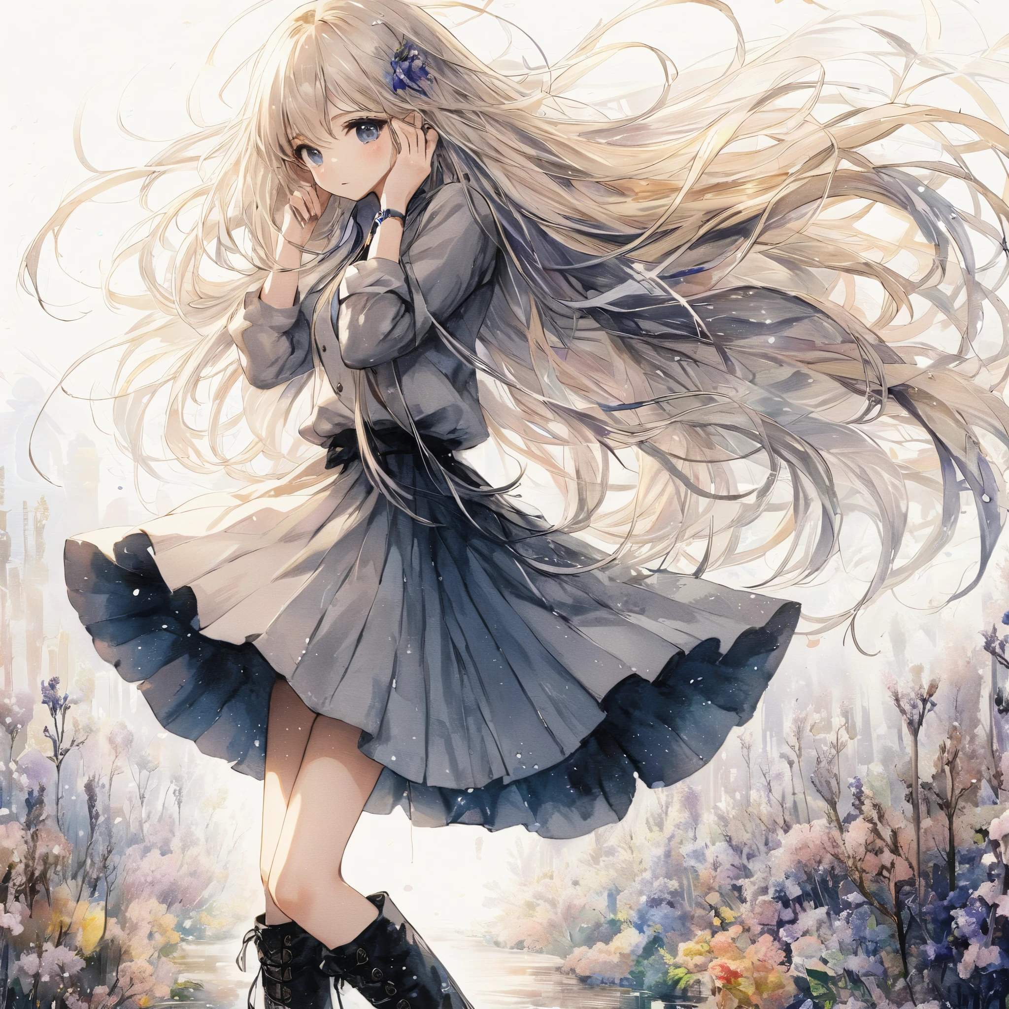Girl 、Medieval dress with panniers、Fabric Realism、Low - Angle、I can see the drawers、Pull up the hem of your dress with your hands、Strong winds、blue sky