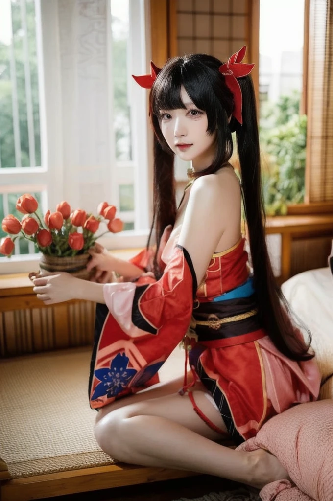 sparkle_honkai,1girl,((sitting on the bed)),short kimono,bare shoulders,twintails,black hair,long hair,hair ornament,bare legs,upper body,(cowboy shot,realistic,photorealistic),(masterpiece,best quality,high quality),(colorful),(delicate eyes and face),volumatic light,ray tracing,extremely detailed CG unity 8k wallpaper,indoors,bedroom,potted flowers,window,curtain,