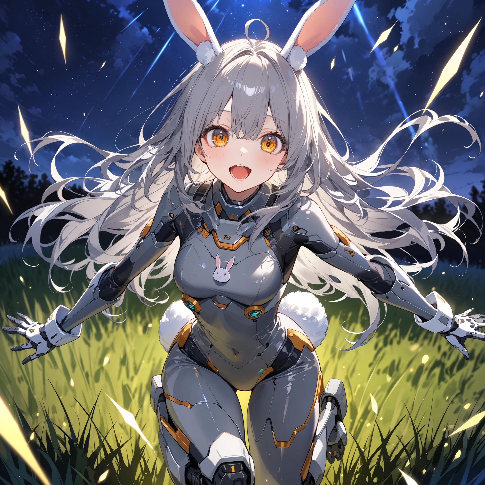 Very cute face, rabbit motif mecha girl, shining eyes, rabbit ears, rabbit tail, open mouth, gray hair, shaggy hair, long hair, rabbit motif exoskeleton bodysuit, mechanical foot gloves, gray bodysuit, bunny girl bodysuit, jump, upper body, grassland, night, midnight, score_9, score_8, score_7, masterpiece, best quality, ultra detailed, intricate detailed, highly detailed skin