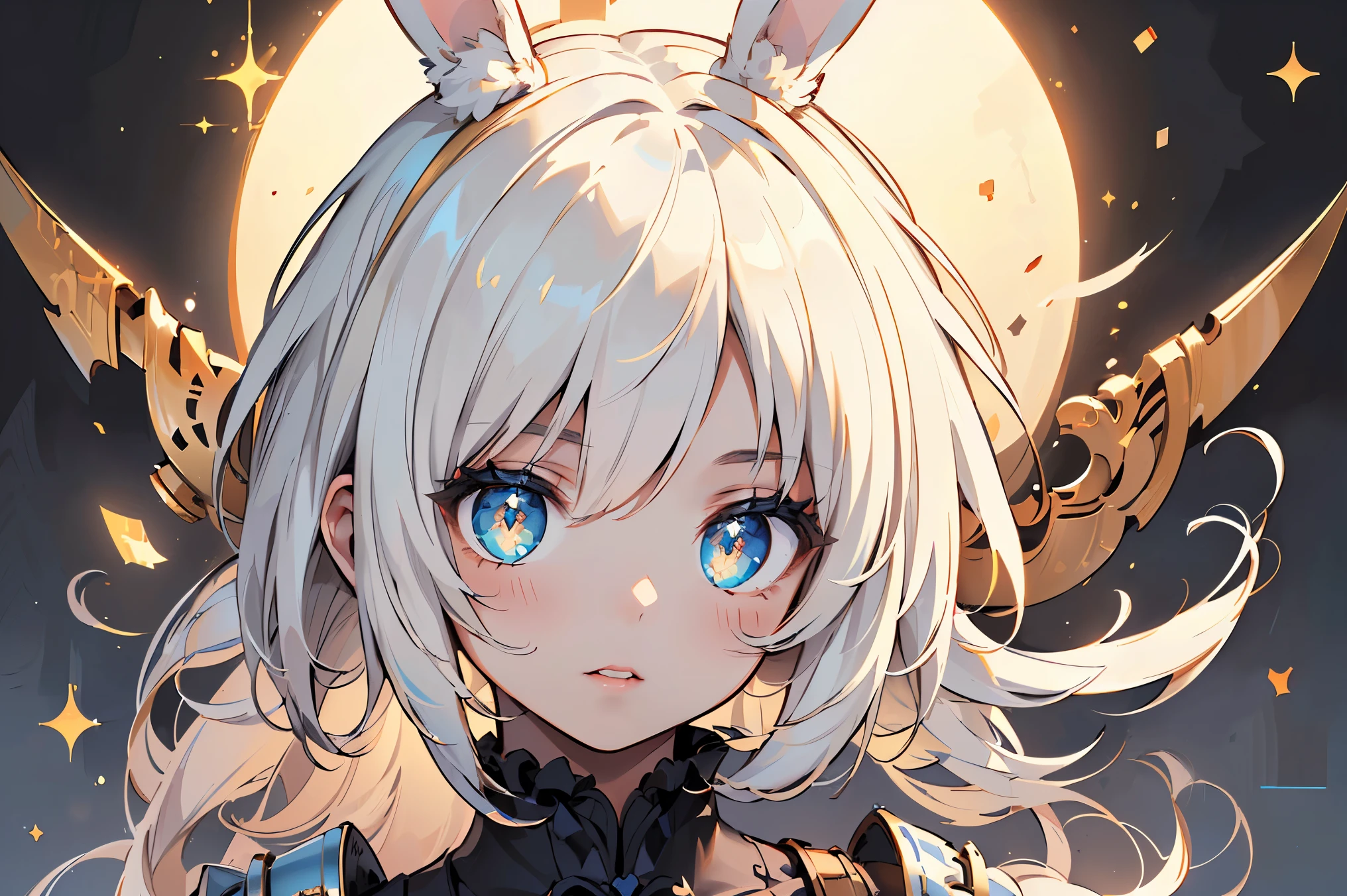 (((Best quality, 8k, Masterpiece: 1.3)), ((best quality)), ((masterpiece)), (detailed), perfect face, perfect body, (detailed skin:1.3), (intricate details), cinematic lighting, sparkle, glowing light, rabbit ears, hime cut, white hair, hair bow, ribbon, pupils sparkling, tareme, (knight wearing steel armor), cowboy shot