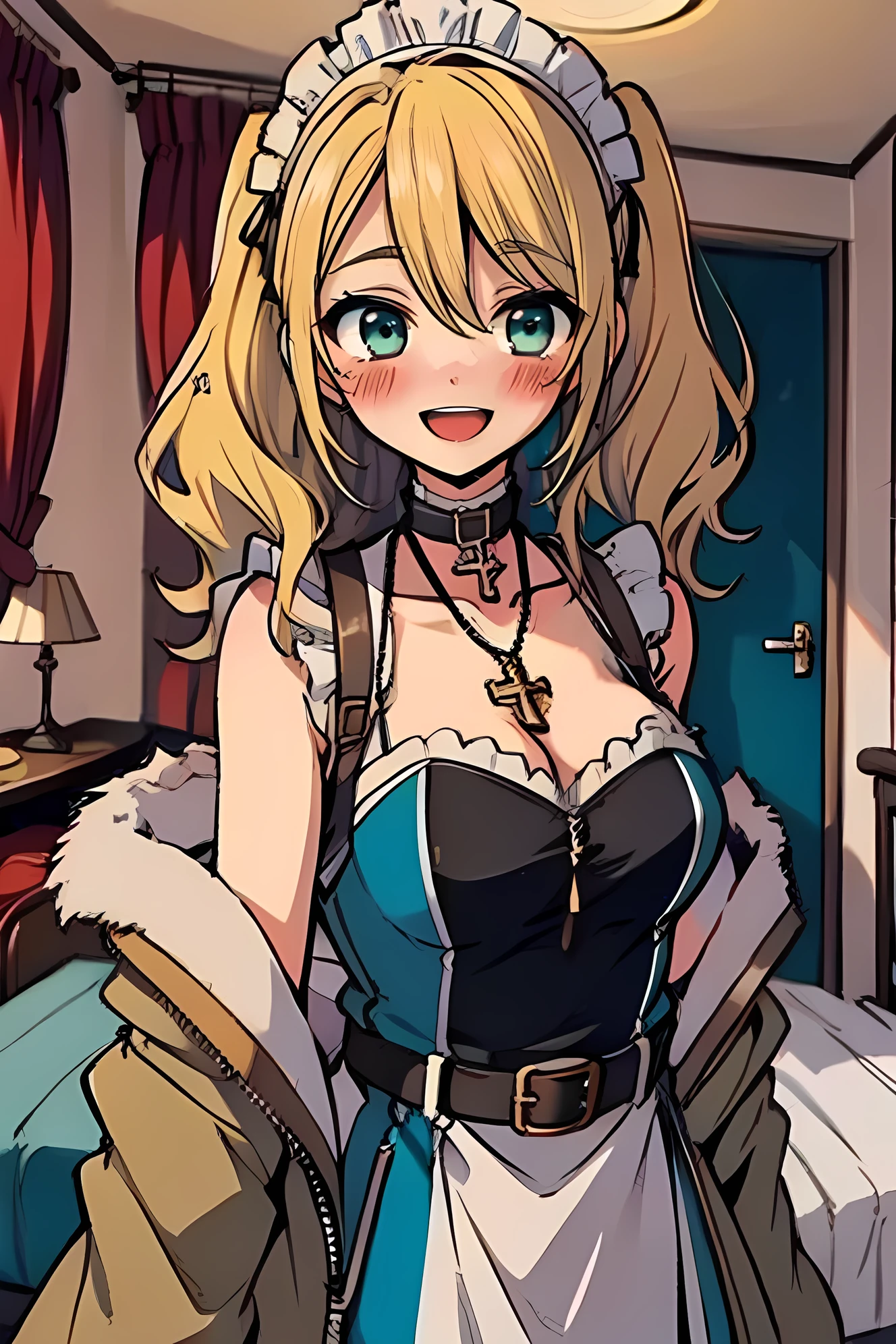 (masterpiece:1.2), (high quality:1.2), rekkyo sensen, rekkyou sensen, girls with(((1girl, solo, aiden d adams, blonde hair, teal eyes, smiling, blush, opened mouth, maid headdress, wavy medium hair, low twintail:1.3), maid, breasts, choker, cleavage, coat, cowboy shot, blue frilled dress, camisole, ribbon waist belt, collar, collarbone, rosary, rosary choker, cross, fur, khaki hoodie, green hoodie, hood down, hooded coat, hooded jacket, hoodie, jacket, long sleeves, medium breasts, open clothes, open coat,open hoodie, sleeveless, winter clothes, zipper, cleavage, upper body)), background with((bedroom, room:2.0))