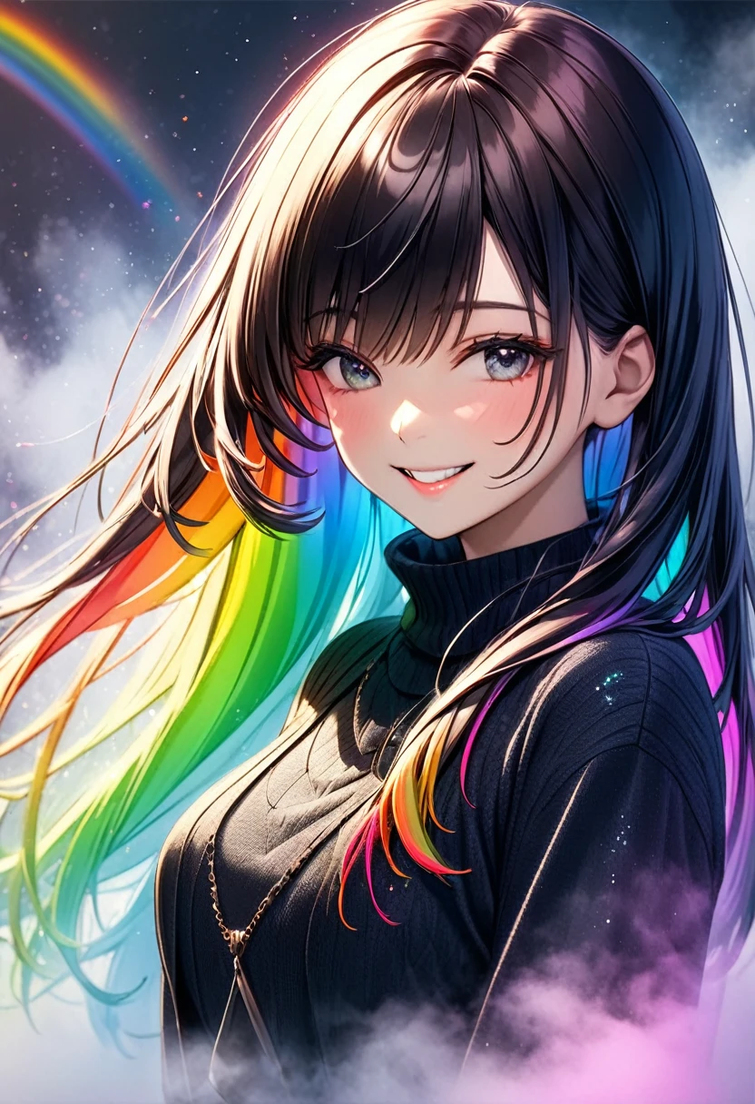  dark-haired woman"Haruna"The gentle smile , , super long straight hair  ,  upper body focus ,  bust up shot, ((background:Mysterious fog  , Rainbow, Neon Dust, Shading Effects,  gradient magic effect , Fog filter effect , Glitter Effect, Graphic CG digital art))