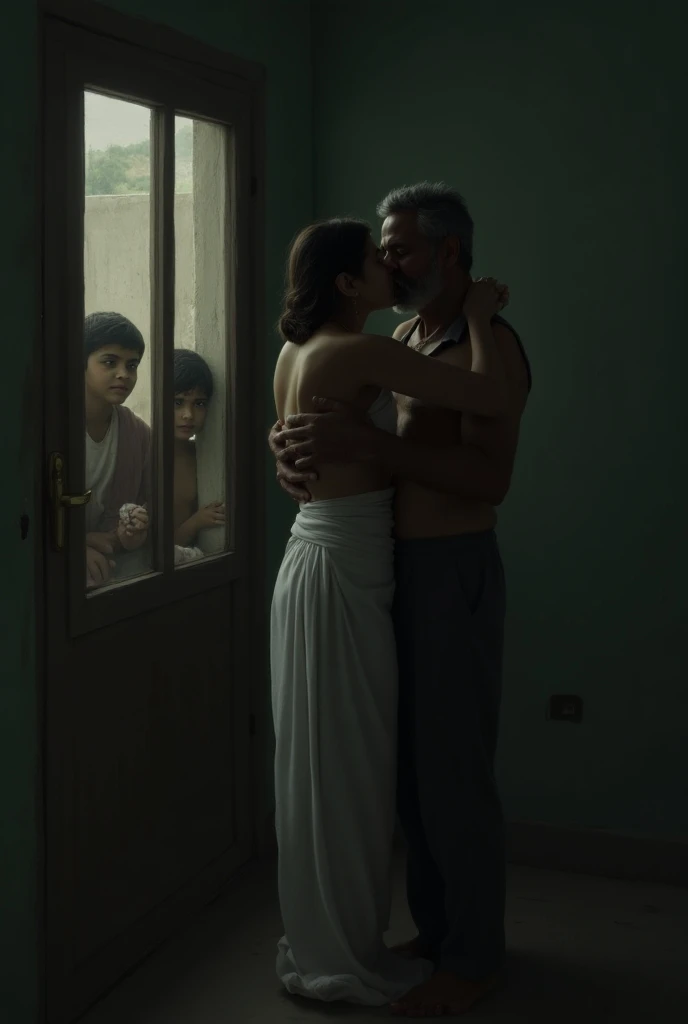 Pale skin bun hair kurdish nude woman talking with a Indian man in house consistent fixed