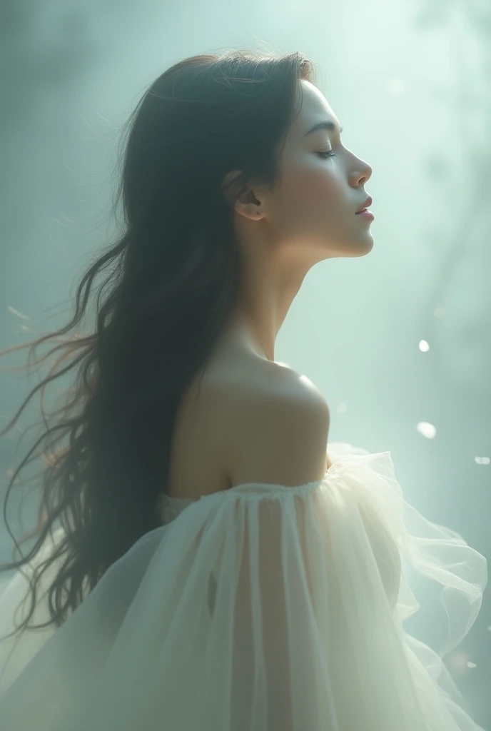 The image was taken with a high-resolution camera，The fine details of the scene are shown。The color palette is dominated by blue and white，Create an atmosphere of harmony and peace。The composition follows the rule of thirds，The stream is babbling，There are faint waves of water，Clear。The woman is on the left side of the frame，Plenty of room to breathe for the stream and the sky。The camera angle is slightly tilted，Add dynamic elements to a static scene。The light is soft and diffuse，A soft shadow was cast on the woman's face。The overall style is reminiscent of Impressionism，Loose strokes，It has a fantastic texture。The photograph evokes a sense of nostalgia，Aspire to live a simple life in harmony with nature。