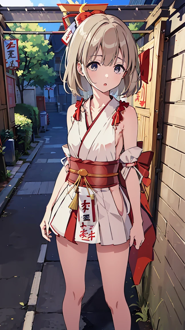 masterpiece, Best Quality,  Hi-Res,  very detailed,(((Serizawa Asahi ))), (((Shrine maiden))), (((kimono))), (((Sleeveless))), (((Hakama))), ((( short skirt ))), ((( bottomless))), ((( no panties))), ((( Standing in the Distance ))), (((Streetscape))), (((Cobblestones))),