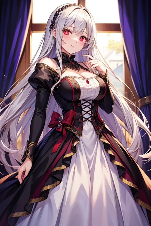  1 beautiful girl with pieces 　Shows up to the waist　 White Long Hair 　Red eyes　 wicked smile　 Otome Game Villain Daughter　 dress　Western Style Fan 　 Royal Academy 