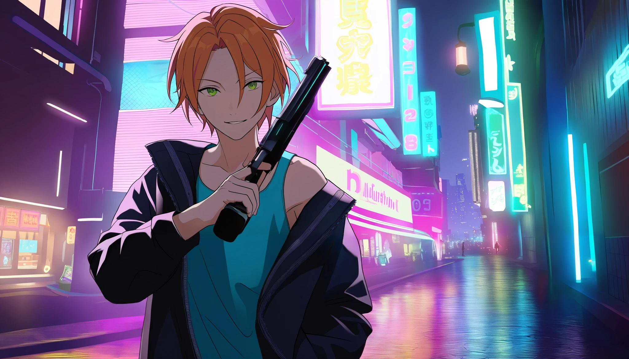 1boy, aoi yuta, ensemble stars!, orange short hair, green eyes, tank top, black jacket, solo, standing, city street, cyberpunk, neon light, gun in hand, night, detailed background, masterpiece, best quality, illustration, 4k, 8k, highres, realistic, photorealistic, 3d cg rendering, ultra-detailed, sharp focus, vivid colors, very aesthetic, absurdres