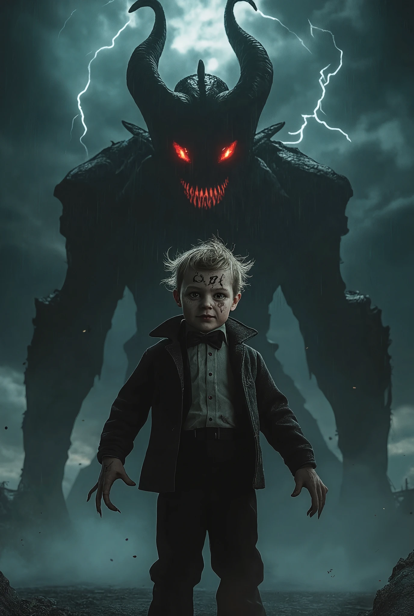 A hyper-realistic, ultra-detailed scene depicting a young boy dressed in formal 1970s attire: a neatly pressed short-sleeved jacket and tailored shorts. The boy stands facing the viewer, his intense, glowing red eyes wide and fixed, locking onto the onlooker with an unrelenting gaze that radiates a terrifying sense of dread. Across his forehead, the ominous number '666' burns a vivid crimson, glowing with an eerie, supernatural light. His expression is twisted into a chilling, unnatural smile, revealing a sinister power far beyond his years. His hair is wild and stands on end, crackling with an unseen, immense energy that pulses through his small but formidable frame. facial expression style.

The boy’s formal outfit is meticulously detailed, from the precise stitching to the way the fabric falls, adding to the unsettling contrast between his youthful innocence and the malevolent aura he projects. Behind him rises the enormous, dark shadow of a demonic entity, a monstrous figure with twisted horns and eyes like burning embers. The shadow shifts and swirls, seeming alive as it wraps the boy in an ominous, spectral embrace, emphasizing the palpable evil in the scene. The air is charged with the electricity of an impending apocalypse.

Above, the sky churns with furious, dark storm clouds, roiling and crashing together as flashes of lightning illuminate the scene with stark, sudden brilliance. Thunder roars through the heavy air, echoing the sense of doom that hangs over everything. Every detail is captured with photorealistic precision, from the glistening rain starting to fall to the texture of the boy’s skin and the wild intensity of his hair. The world around him feels on the brink of collapse, each element locked in perfect focus to heighten the apocalyptic tension. The scene masterfully conveys a moment where innocence is corrupted, and an unstoppable force of darkness threatens to consume everything, evoking both awe and fear.