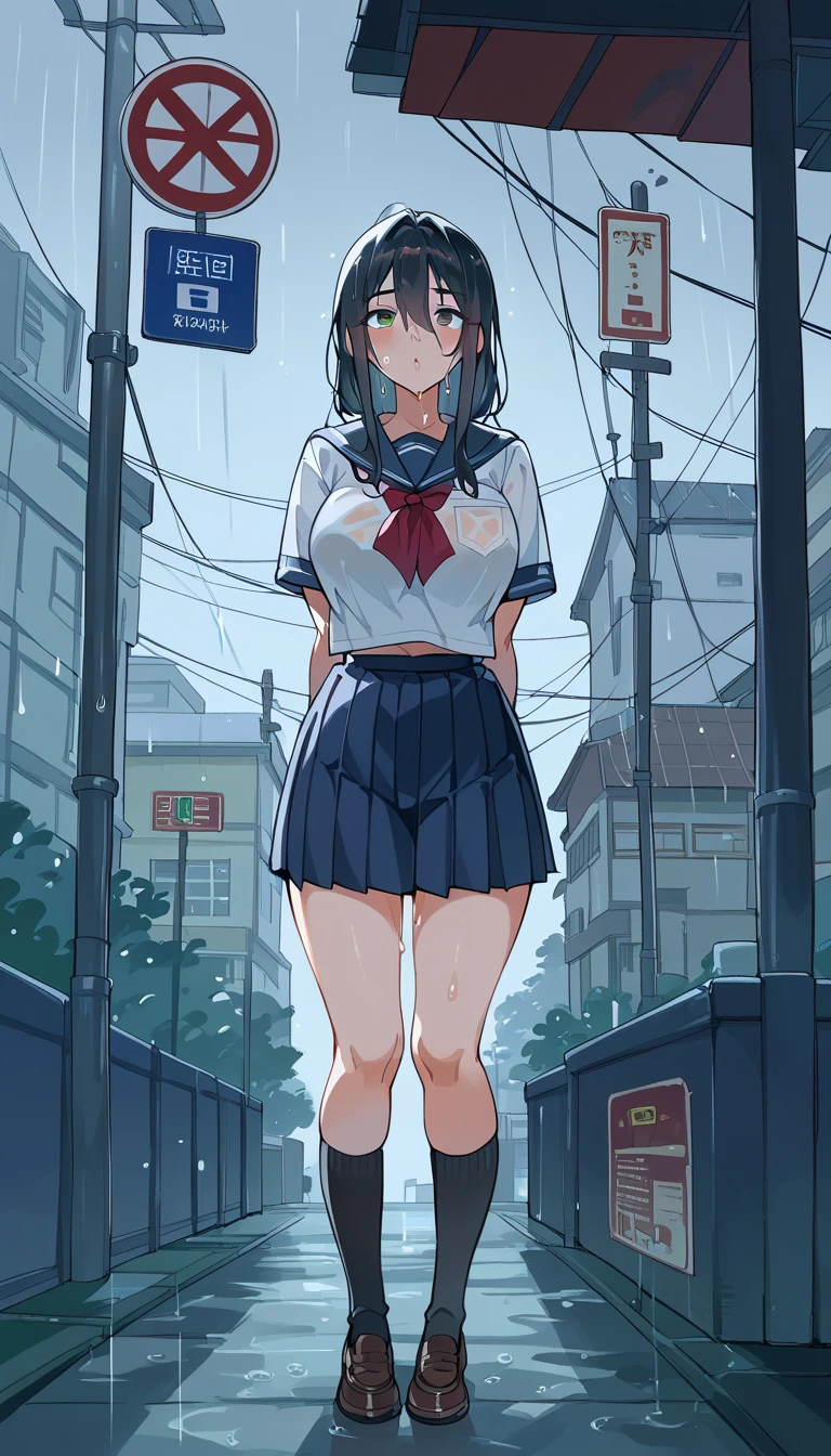 (nsfw:1.5),(Giant schoolgirl:1.2)、barefoot、mini city、Are standing、stepping on a small house