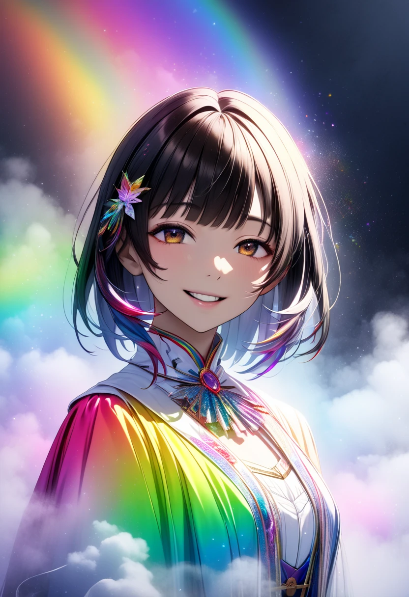  dark-haired woman"Haruna"The gentle smile , ,Vocal stage costume based on white ,  upper body focus ,  bust up shot, ((background:Mysterious fog  , Rainbow, Neon Dust, Shading Effects,  gradient magic effect , Fog filter effect , Glitter Effect, Graphic CG digital art))