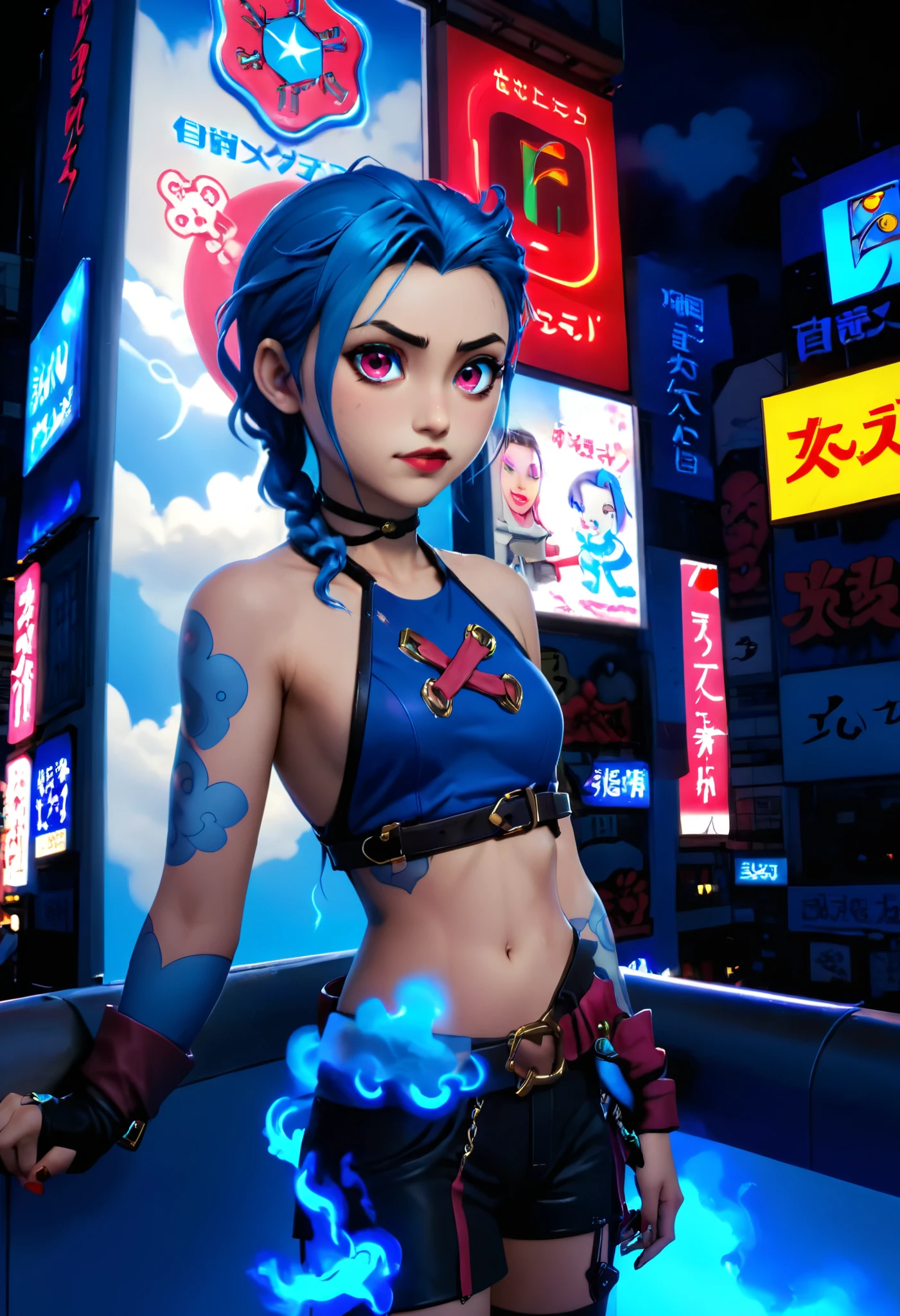 masterpiece, Best Quality,  so pretty ,  absurd,
Glico, Osaka, Japan, scenery, Real World Locations , Poster, ( object),  building , Outdoor, Realistic, Photo Backdrop ,  neon light, Neon Signs,solo , jinx,  1 girl,  cloud tattoo  on the arm,  asymmetrical bang, Bans, Hair is blue, blue braids ,  cloud tattoo ,  sideways, Hair is blue, Long Hair, Pink Eyes, Red lips,  is standing ,  cloud tattoo ,  twin blade . Jinx de arcano. Jinx. Jinx, arcane \(League of Legends\
 