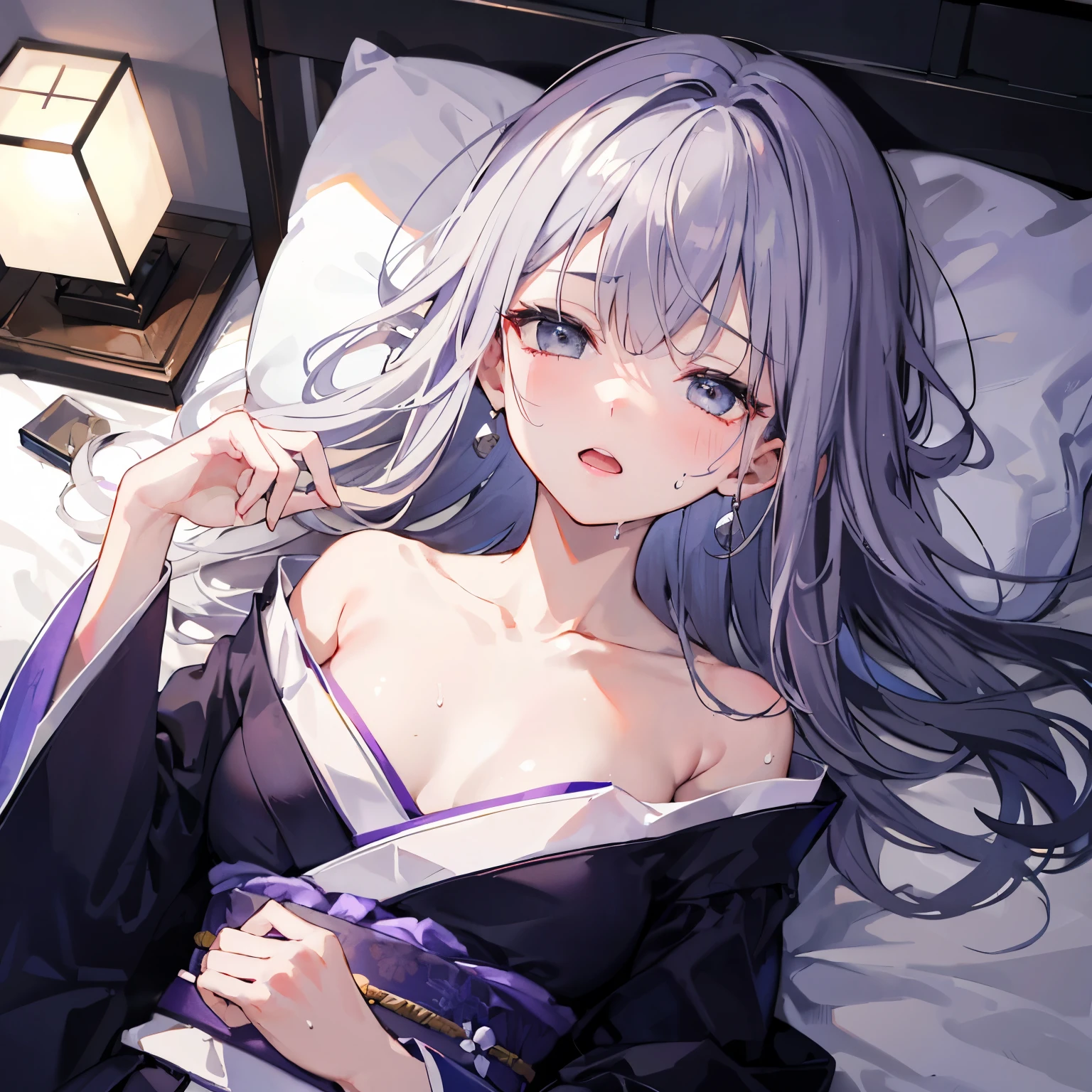(最high quality,8k,High resolution,masterpiece:1.2),Super detailed,Vibrant colors,Soft Shadows,Beautiful brushwork,Attention to detail,perfect render,rich skin tone,Expressive eyes,Captivating Expressions,Golden shades,(1boy, penis, lying, vaginale, ass pov, sex, nsfw)、Has long, curly, light grey hair, Violet eyes, A headband decorated with pearls and violet camellias, White shirt, Floral dark blue hemline、 (cryin) ,Cute Characters, Most detailed, high quality、(missionary, 1boy, penis, lying, vaginale, ass pov, sex, nsfw)、nose blush、steam、Oblique angle、Shiny Hair、Very fine and beautiful bright eyes、be scared、Very detailed, clear and beautiful face, Being stripped of clothes、No clothes、Slender body、Awards, Anatomically correct、((Scared))