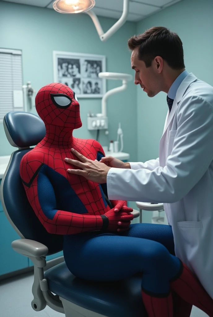 Give me a photo in which a lady nurse is treating Spiderman's teeth and Spiderman is screaming in 