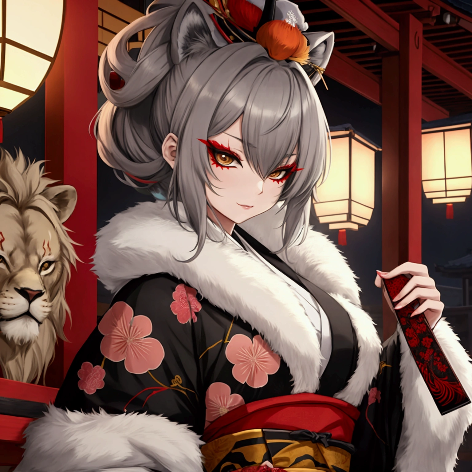 Kabuki artist with Kumadori makeup 、 pop and artistic、Gray Hair、Lion-like hairstyle 、Japanese atmosphere、 high quality