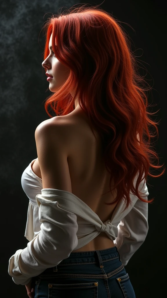 rear view: naked muse, messy ponytail, redhead, porcelain skin