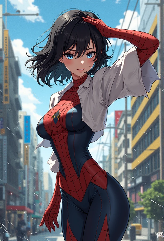 animation style 2 .5D manga niji6 strong traits oil ink art super details in the art Alita  +  Spider-Girl in a glued blouse with blue eyes with black tomoi in reality style photo realism maximum quality details super graphic perfection of the latest generation