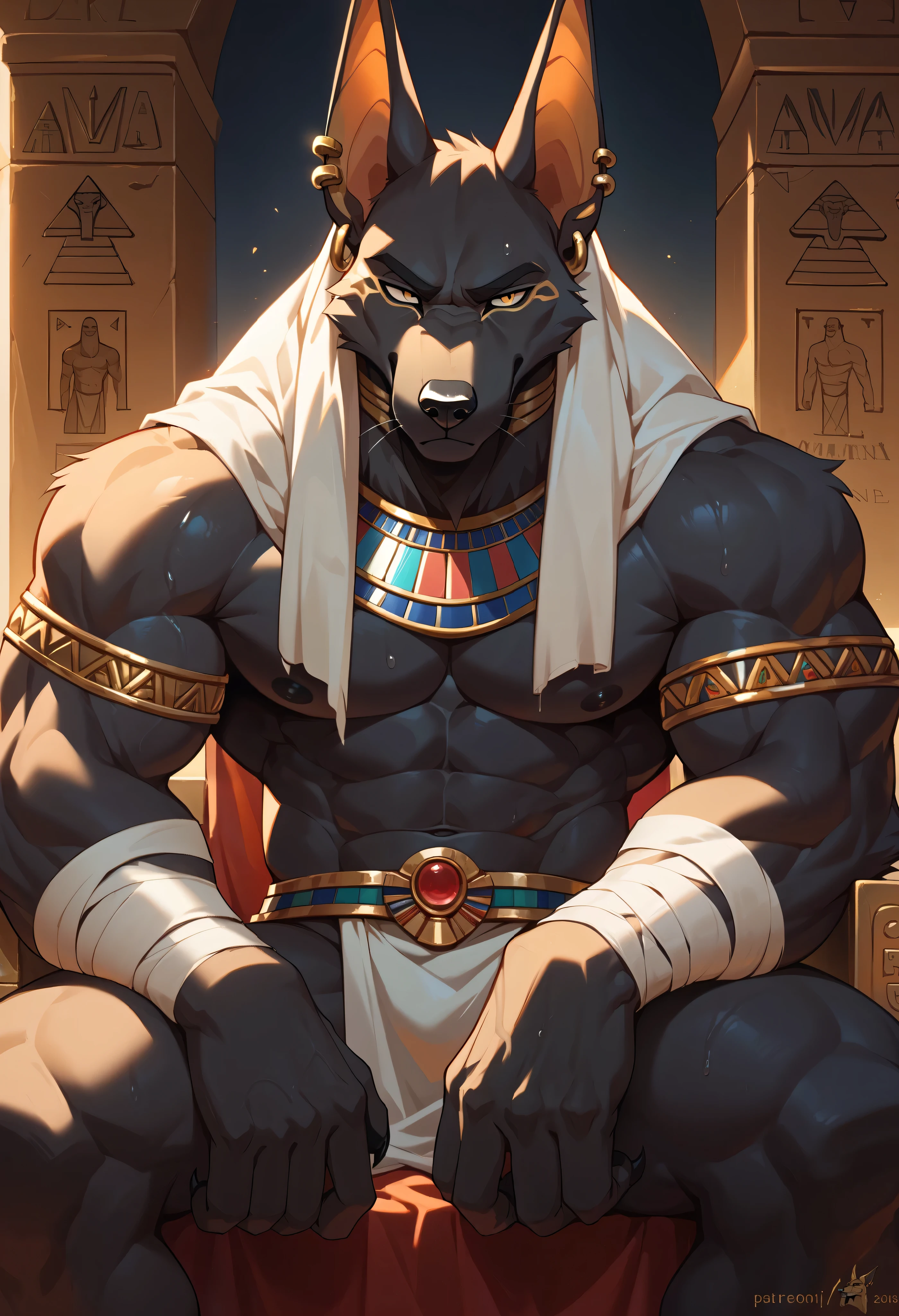  best quality, masterpiece, Ultra High Resolution , Detailed Background, actual , True light and dark, Photo depth,  looking at the audience, (furry male), ( Black Jackal furry ), Egyptian broad-necked , Sexy body ,  sweaty body ,  bandages on shoulders and arms,   bandages around the body , pyramid, altar, morning, Morning Light, Buffy ,  old guy ,  golden eyes，Anubis，  sitting on a throne , close up, Buffy ，muscle, Contempt, Gold earrings， ancient runes  ,  black fur , All Black.